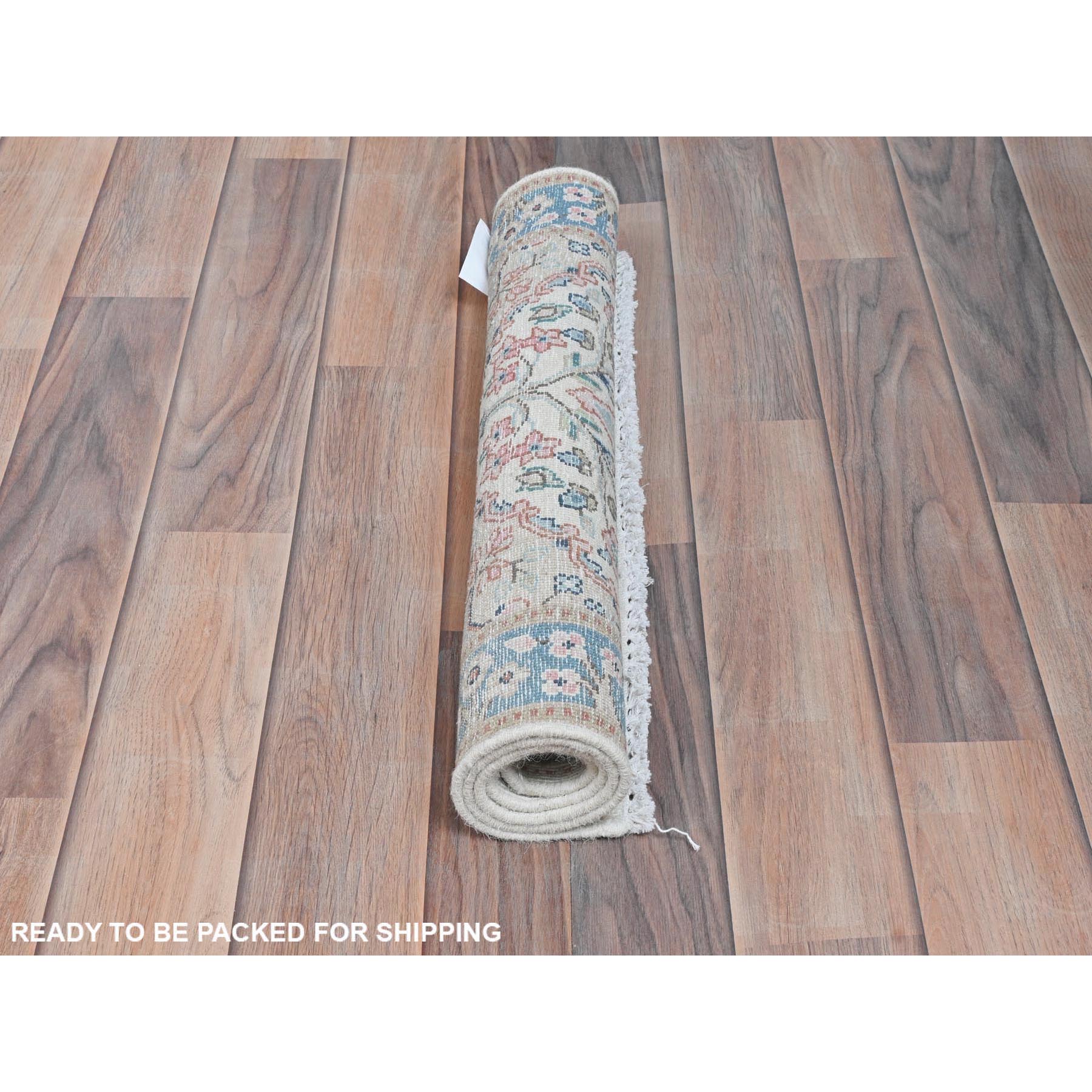 2'x2'10" Ivory, Hand Knotted Old Persian Kerman, Cropped Thin Distressed Look Worn Wool, Mat Oriental Rug Sh81965