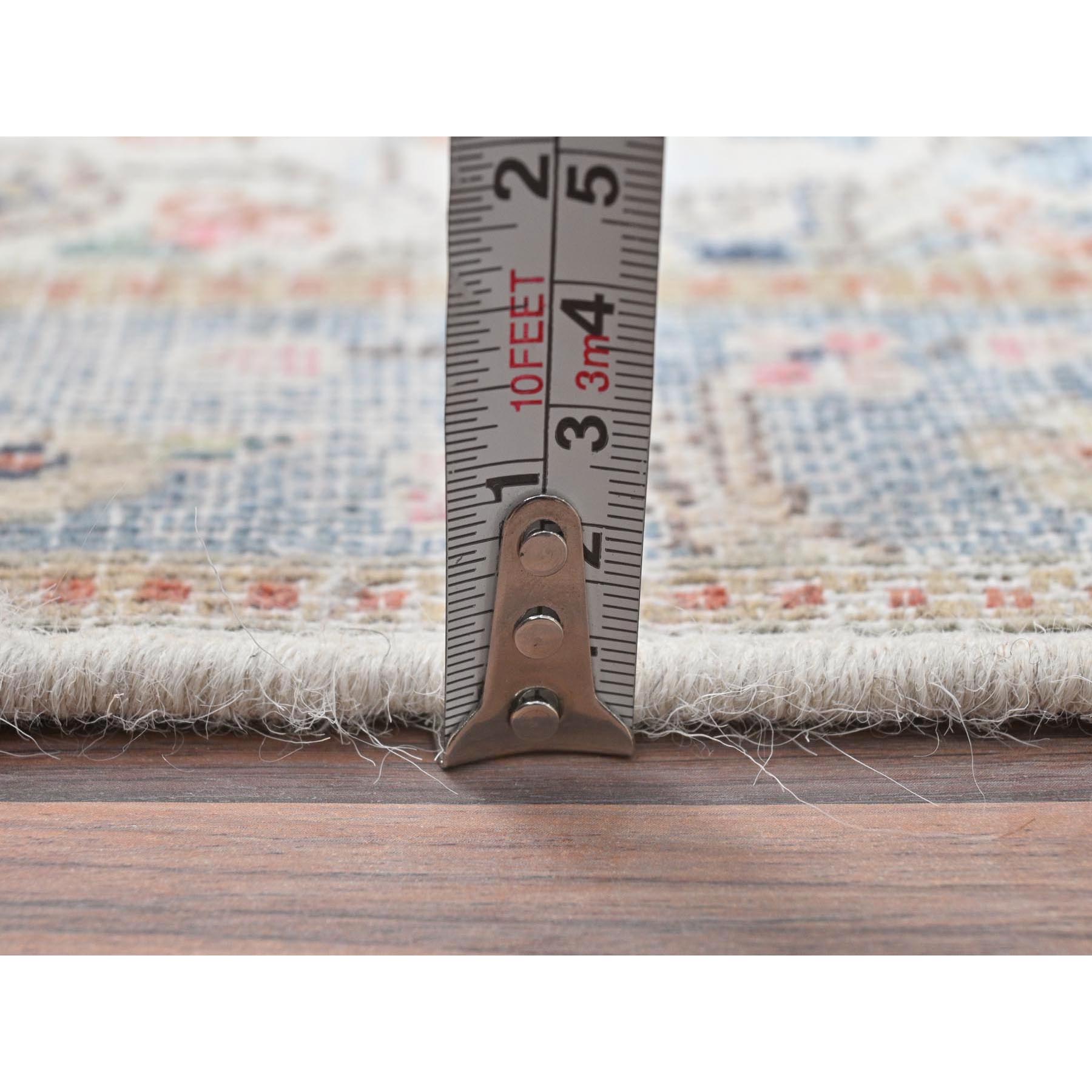 2'x2'10" Ivory, Hand Knotted Old Persian Kerman, Cropped Thin Distressed Look Worn Wool, Mat Oriental Rug Sh81965