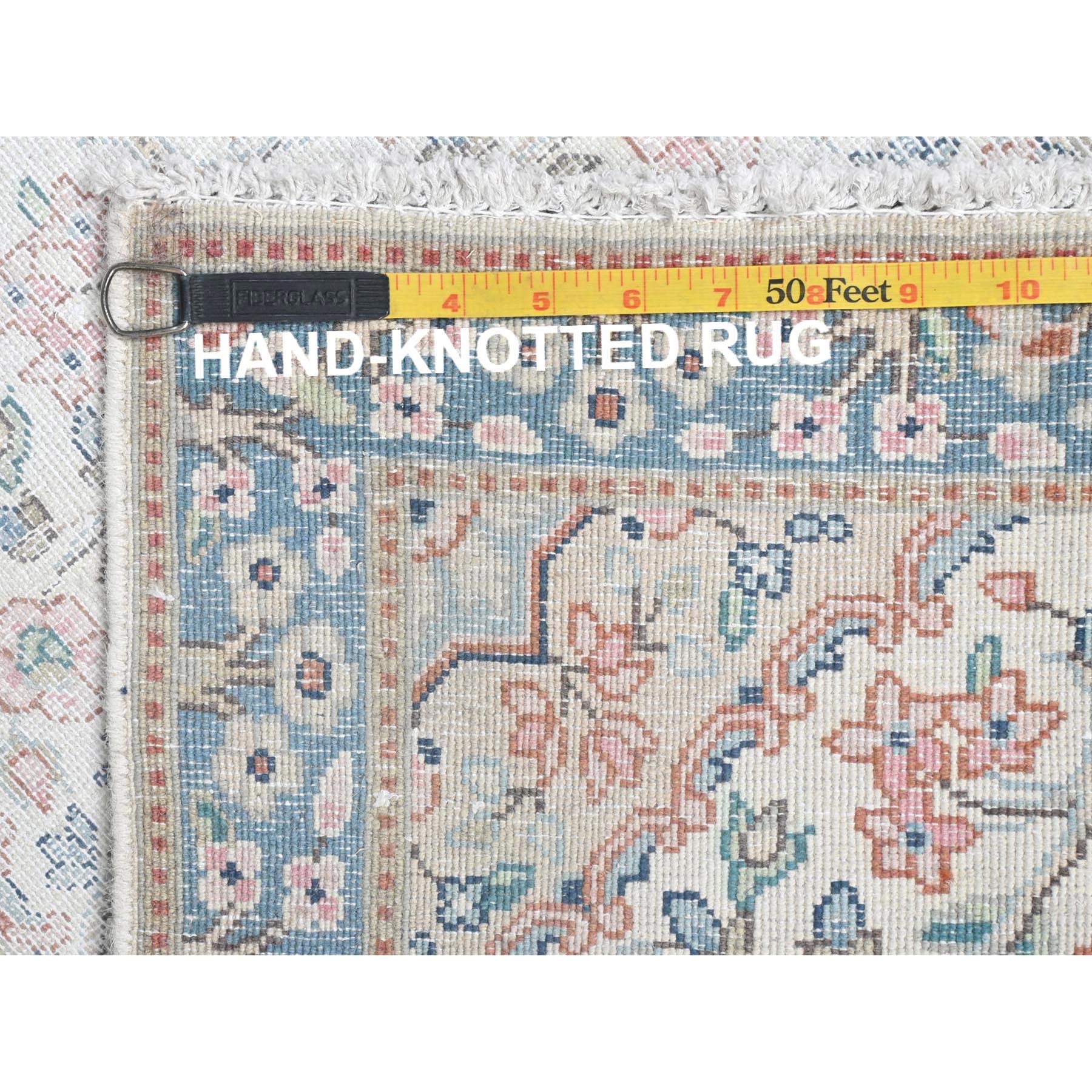 2'x2'10" Ivory, Hand Knotted Old Persian Kerman, Cropped Thin Distressed Look Worn Wool, Mat Oriental Rug Sh81965