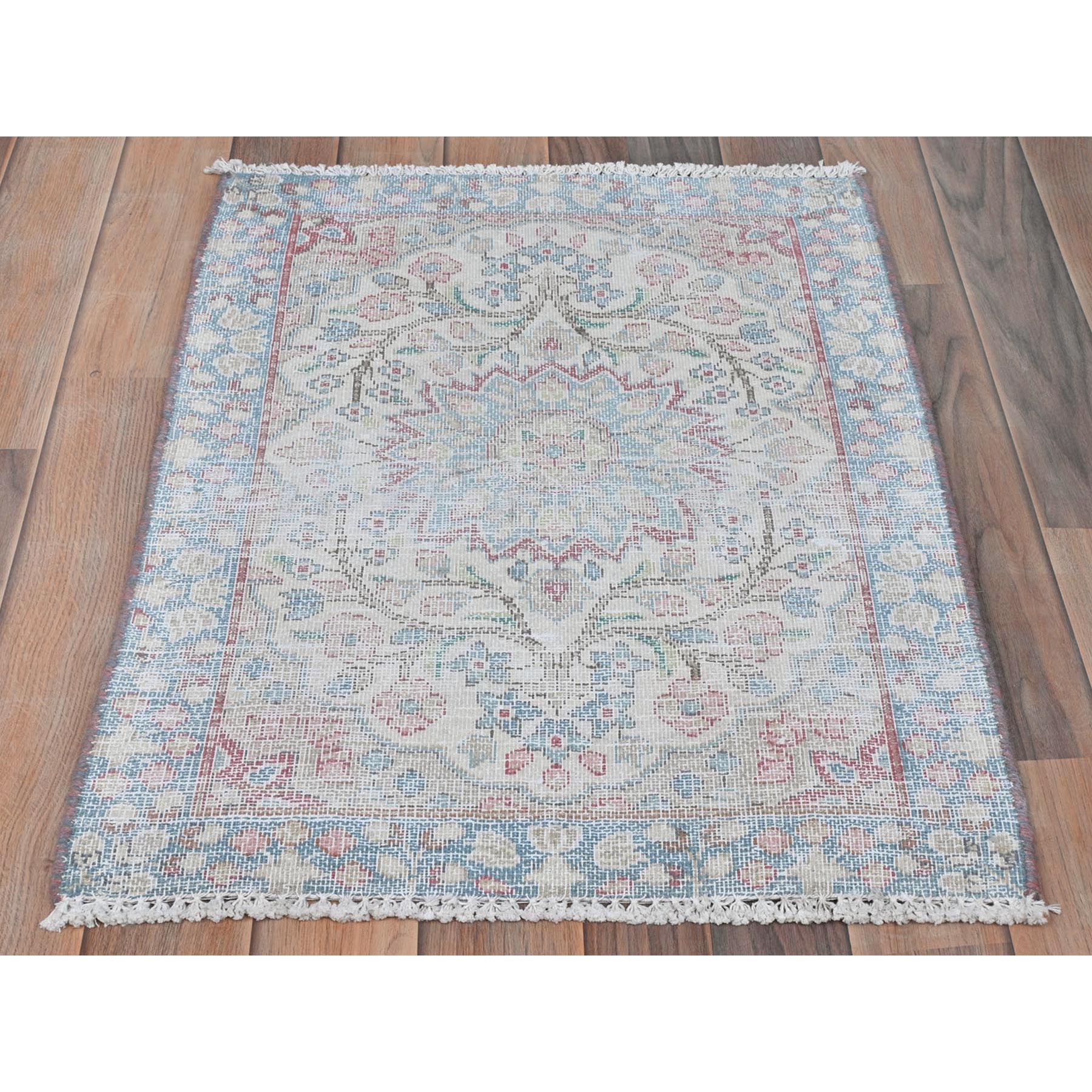 2'x2'7" Ivory, Vintage Persian Kerman Sheared Low, Distressed Look Worn Wool Hand Knotted, Mat Oriental Rug Sh81966