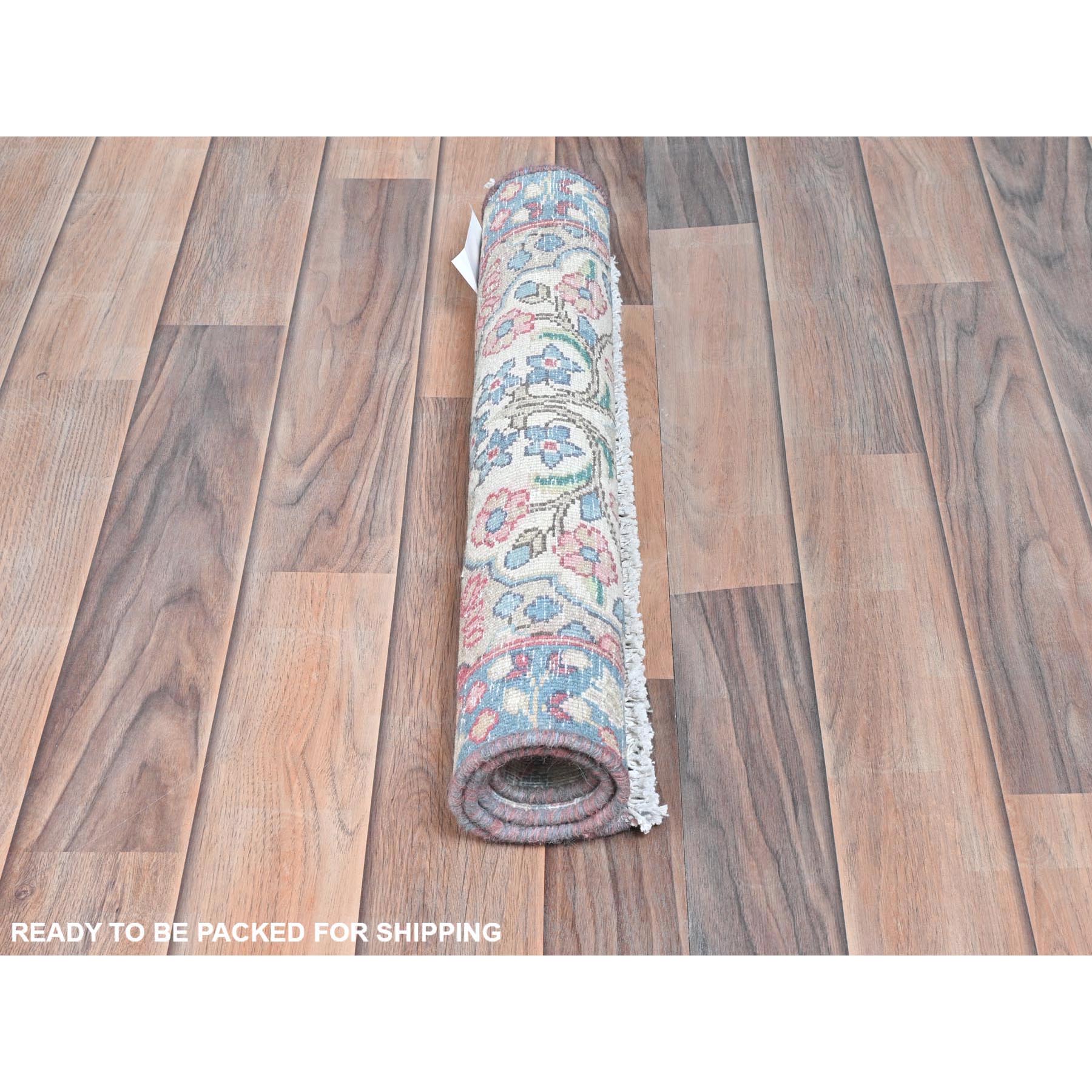 2'x2'7" Ivory, Vintage Persian Kerman Sheared Low, Distressed Look Worn Wool Hand Knotted, Mat Oriental Rug Sh81966