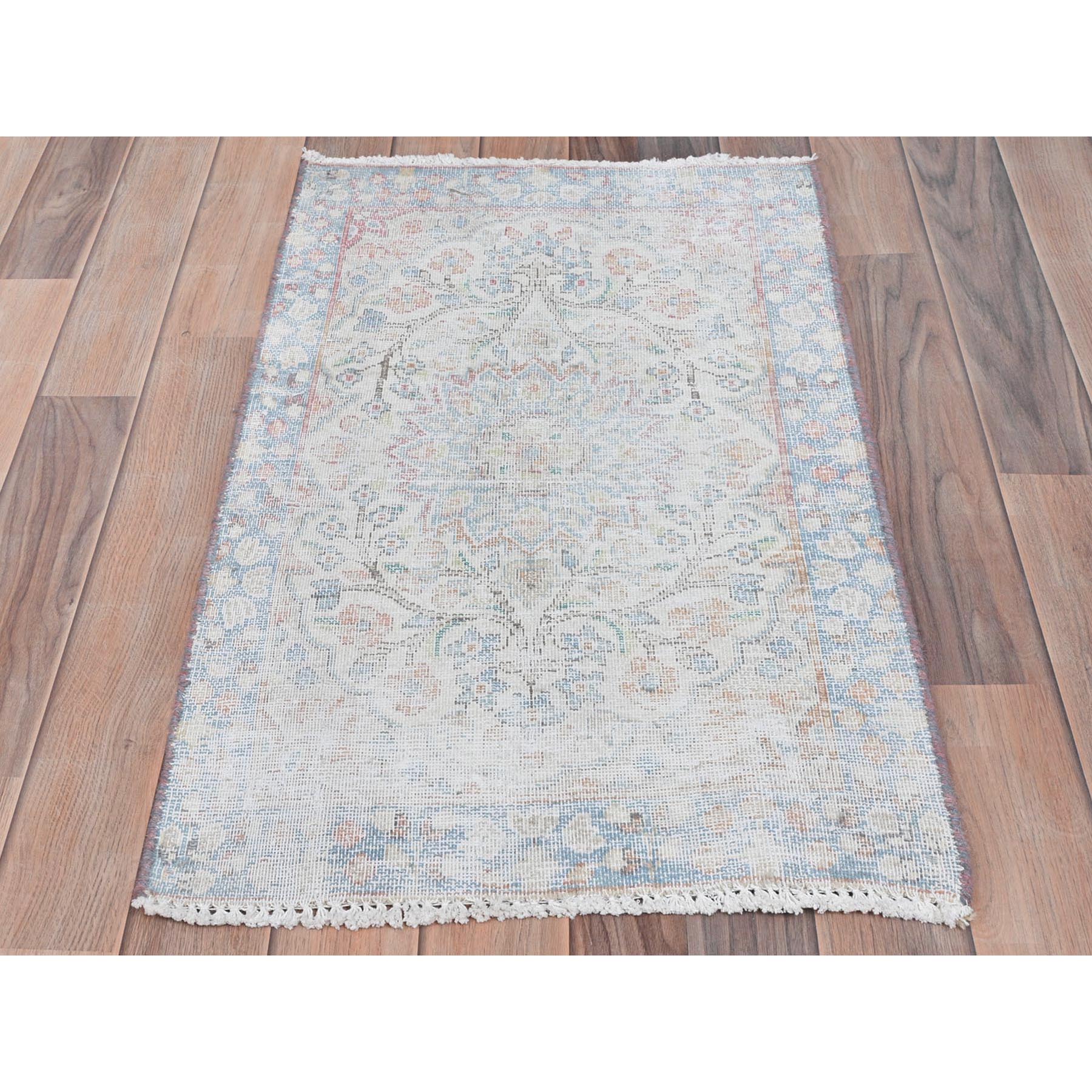 1'9"x2'9" Ivory, Old Persian Kerman Cropped Thin, Distressed Look Worn Wool Hand Knotted, Mat Oriental Rug Sh81969