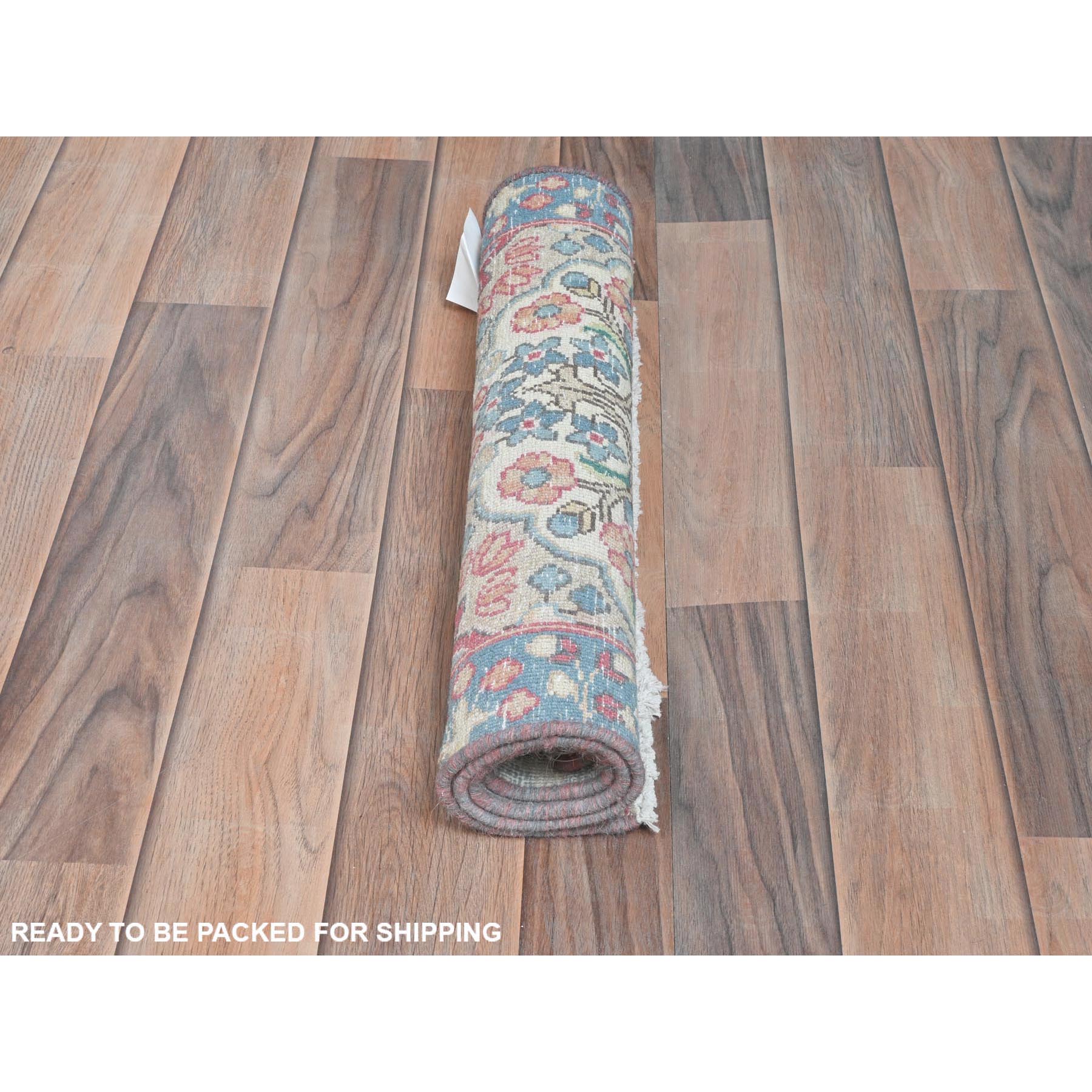 1'9"x2'9" Ivory, Old Persian Kerman Cropped Thin, Distressed Look Worn Wool Hand Knotted, Mat Oriental Rug Sh81969