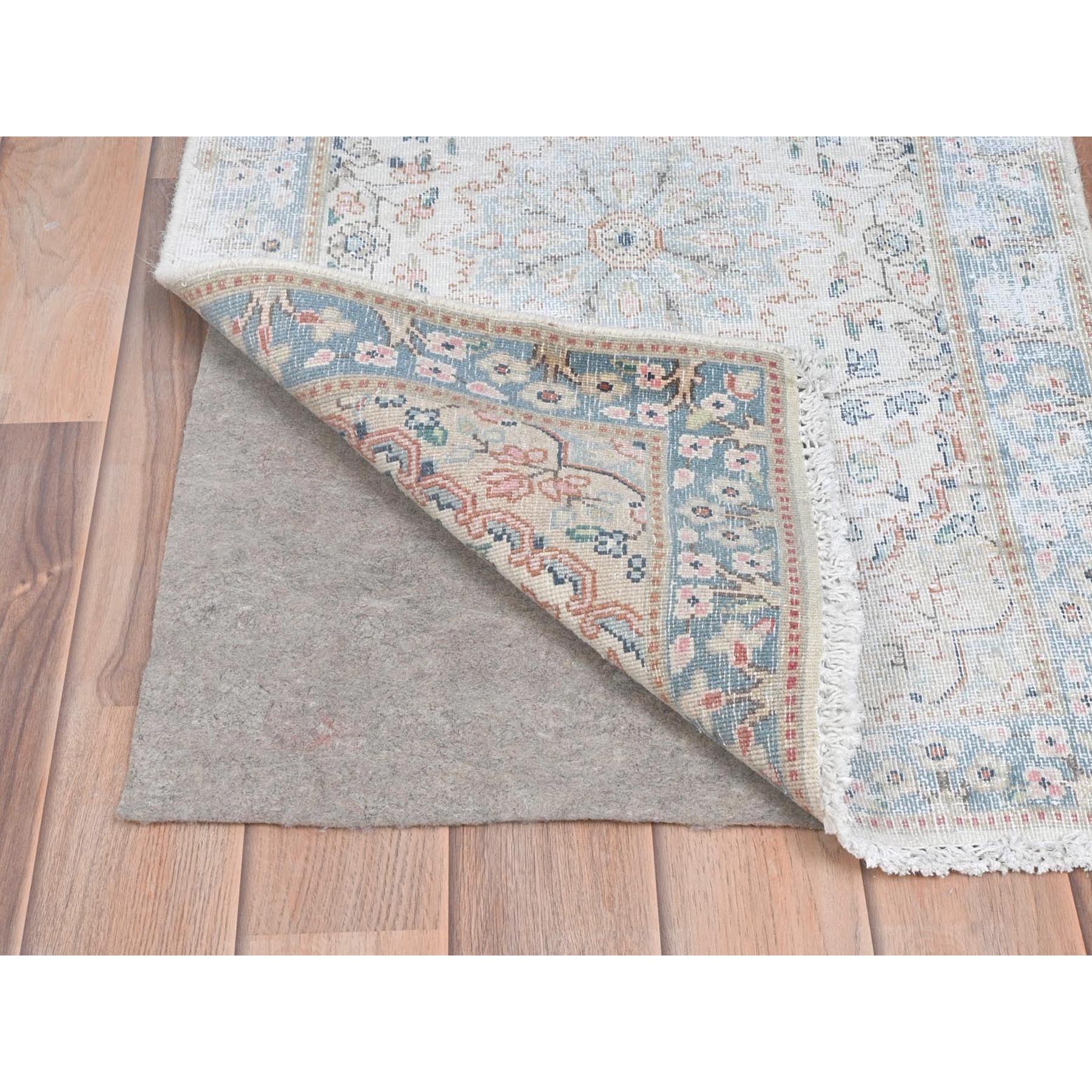 1'10"x2'10" Ivory, Hand Knotted Vintage Persian Kerman, Sheared Low Distressed Look Worn Wool, Mat Oriental Rug Sh81970