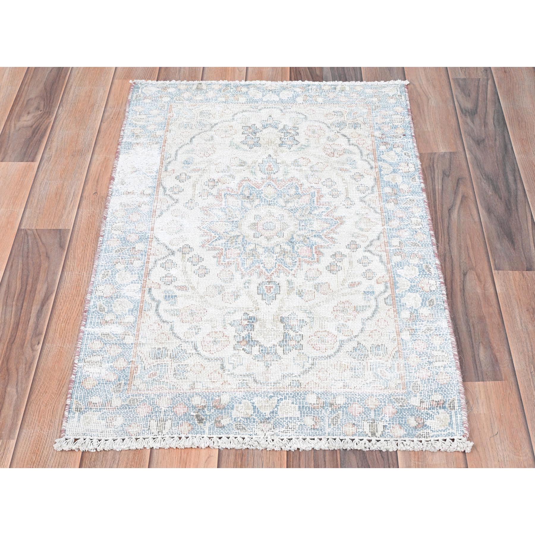 2'x2'9" Ivory, Old Persian Kerman Cropped Thin, Distressed Look Worn Wool Hand Knotted, Mat Oriental Rug Sh81973