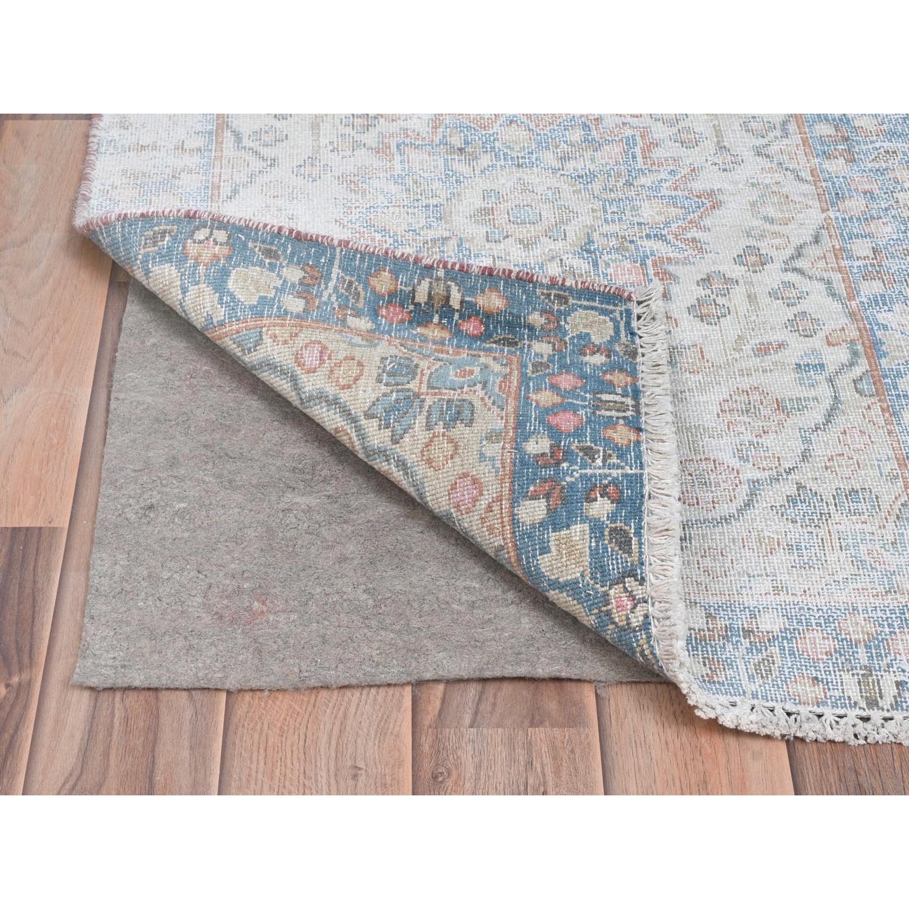 2'x2'9" Ivory, Old Persian Kerman Cropped Thin, Distressed Look Worn Wool Hand Knotted, Mat Oriental Rug Sh81973