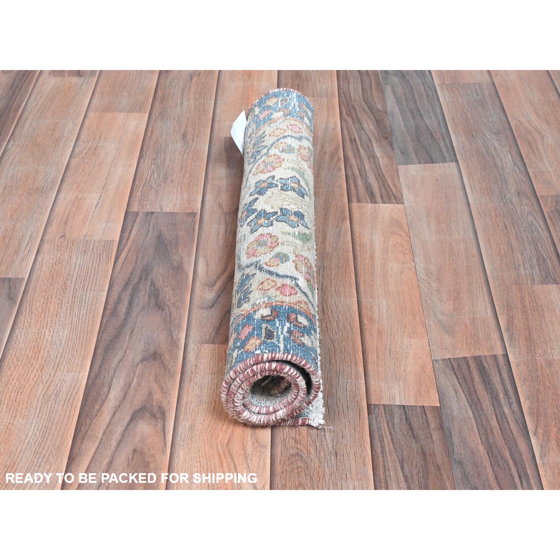 2'x2'9" Ivory, Old Persian Kerman Cropped Thin, Distressed Look Worn Wool Hand Knotted, Mat Oriental Rug Sh81973
