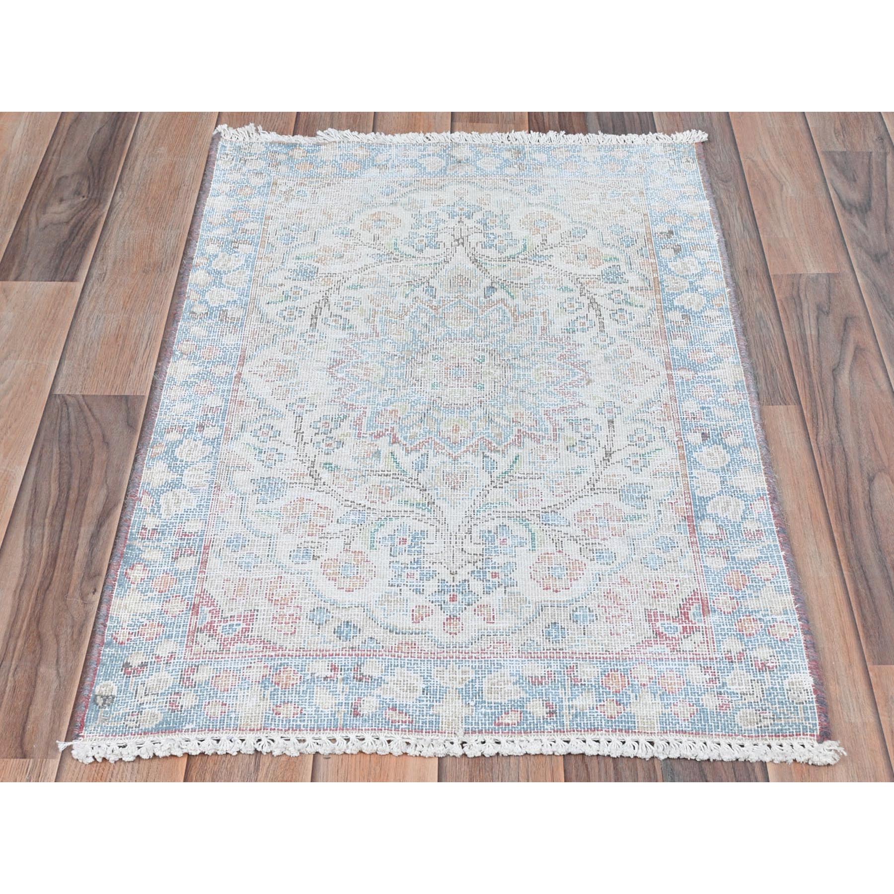 2'x2'9" Ivory, Hand Knotted Vintage Persian Kerman, Sheared Low Distressed Look Worn Wool, Mat Oriental Rug Sh81974