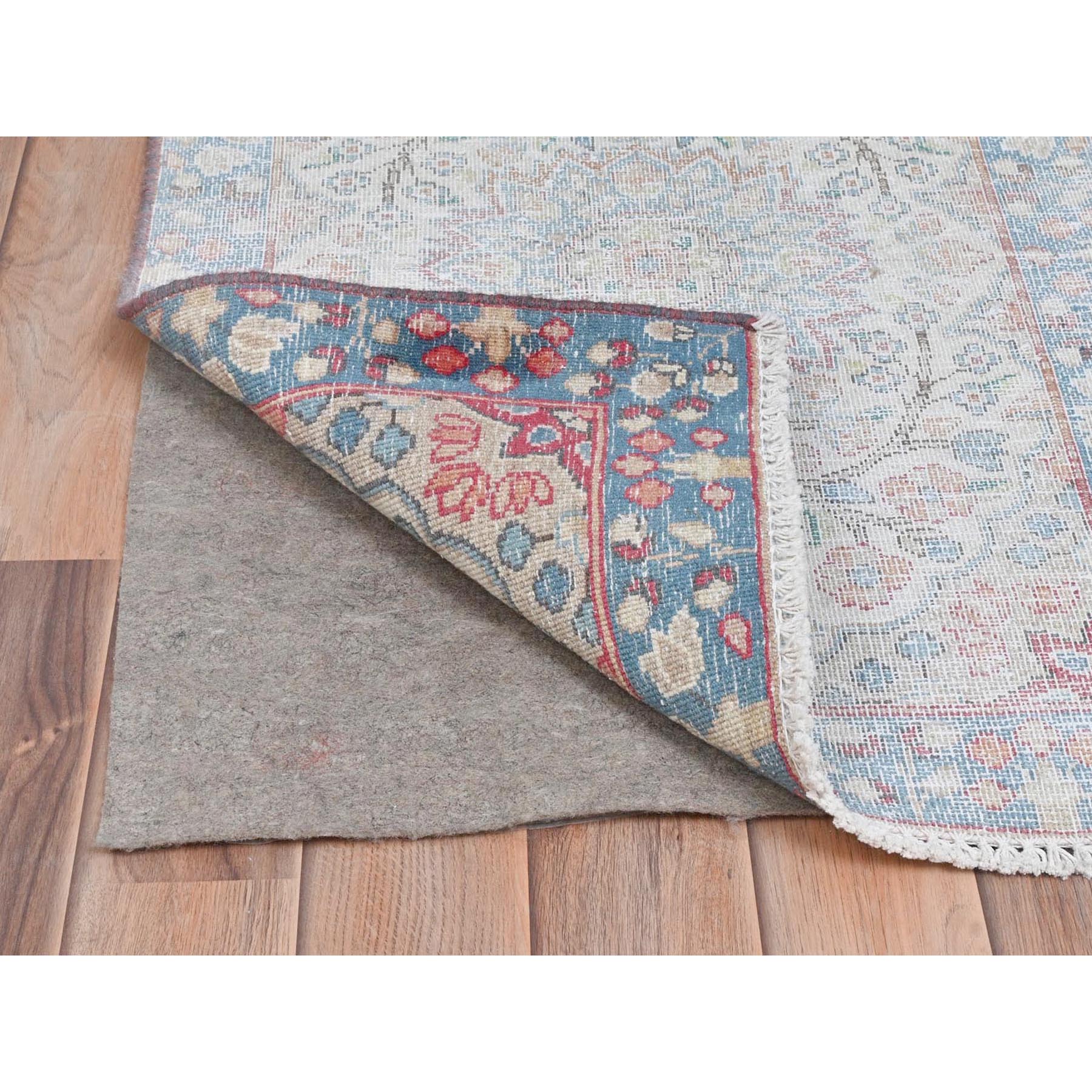 2'x2'9" Ivory, Hand Knotted Vintage Persian Kerman, Sheared Low Distressed Look Worn Wool, Mat Oriental Rug Sh81974