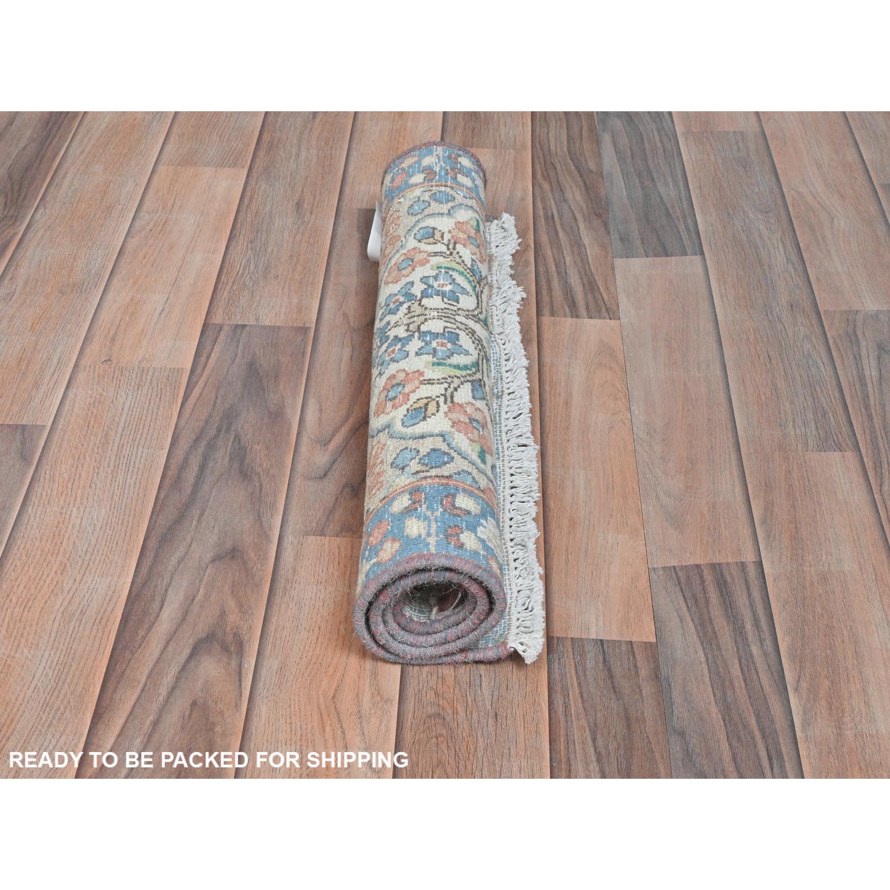 2'x2'9" Ivory, Hand Knotted Vintage Persian Kerman, Sheared Low Distressed Look Worn Wool, Mat Oriental Rug Sh81974