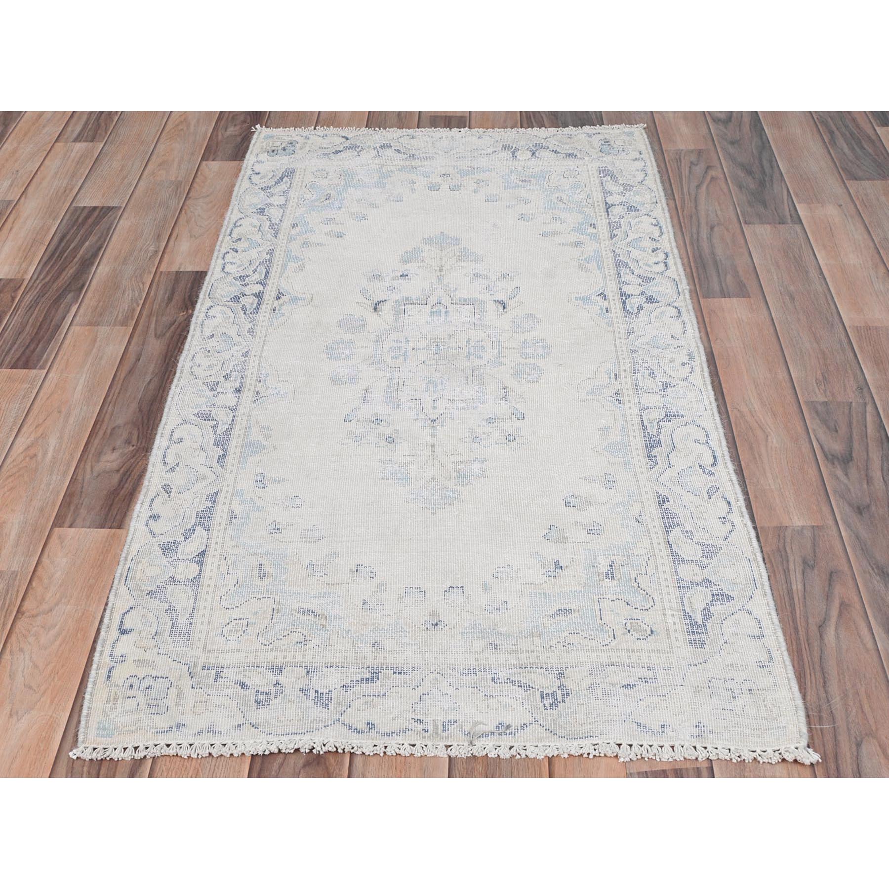 2'4"x4'6" Ivory, Worn Wool Hand Knotted, Old Persian Kerman Shabby Chic Cropped Thin Distressed Look, Oriental Rug Sh81975