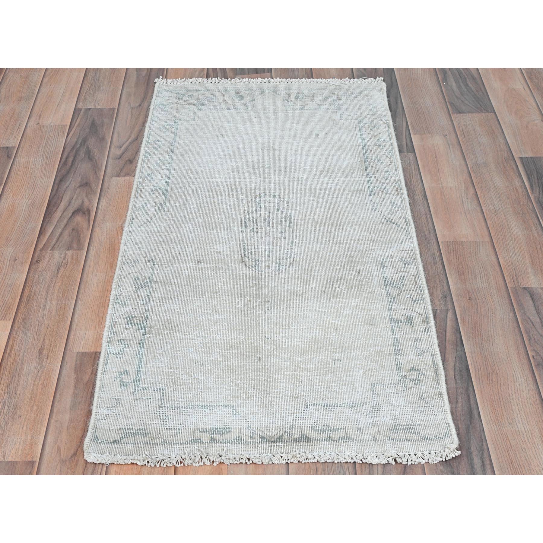 1'9"x3'6" Ivory, Cropped Thin Distressed Look Worn Wool, Hand Knotted Old Persian Kerman Shabby Chic, Oriental Rug Sh81977