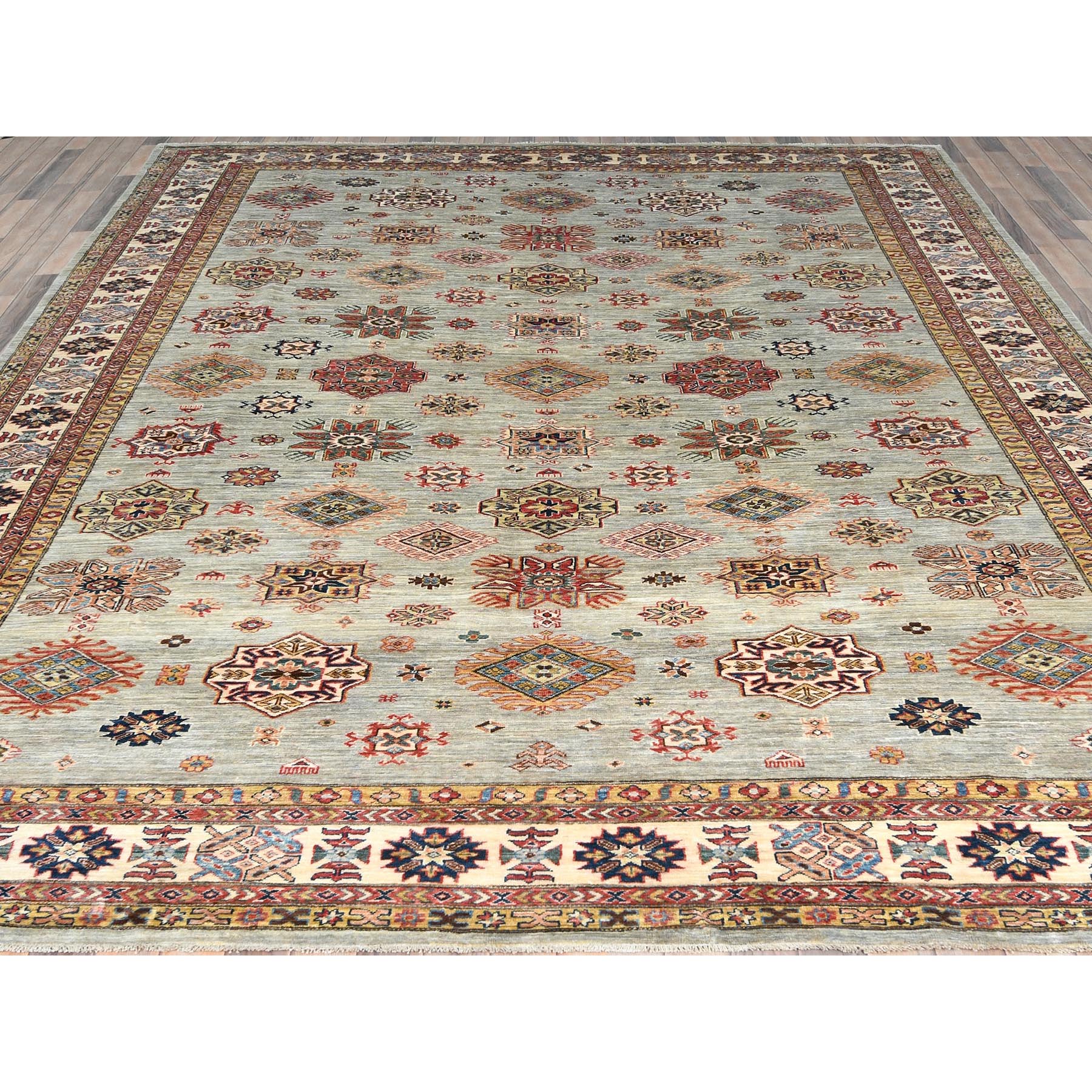 10'x13'6" Light Gray, Afghan Super Kazak with Geometric Medallions, Natural Dyes Densely Woven, Extra Soft Wool Hand Knotted, Oriental Rug Sh82278