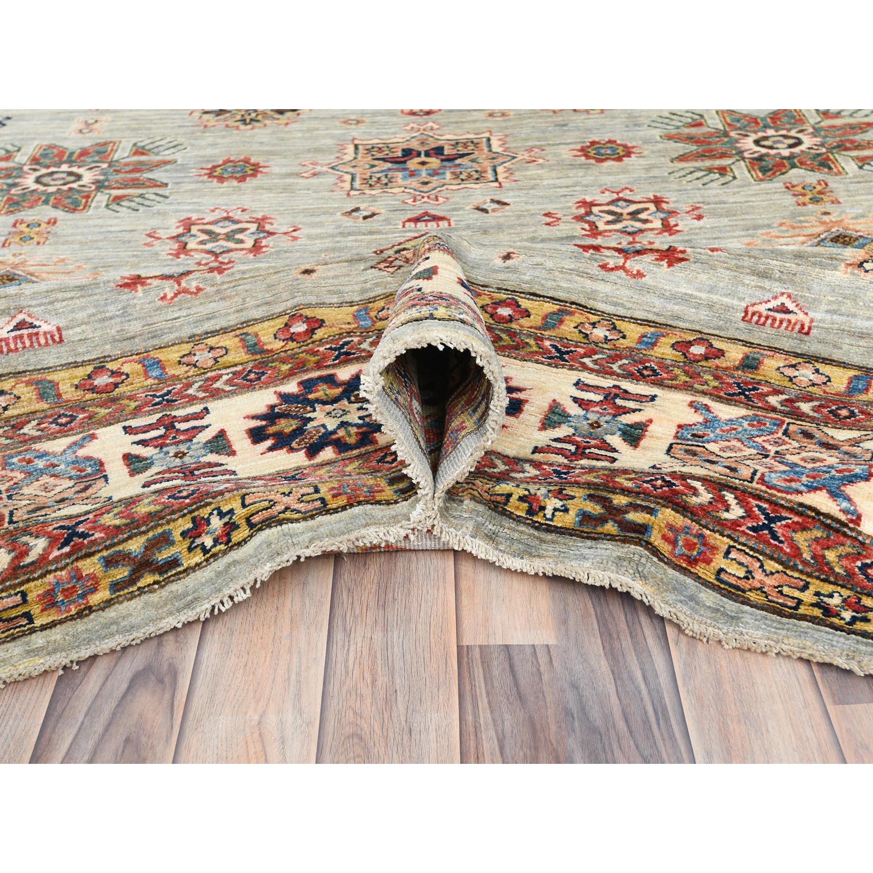10'x13'6" Light Gray, Afghan Super Kazak with Geometric Medallions, Natural Dyes Densely Woven, Extra Soft Wool Hand Knotted, Oriental Rug Sh82278
