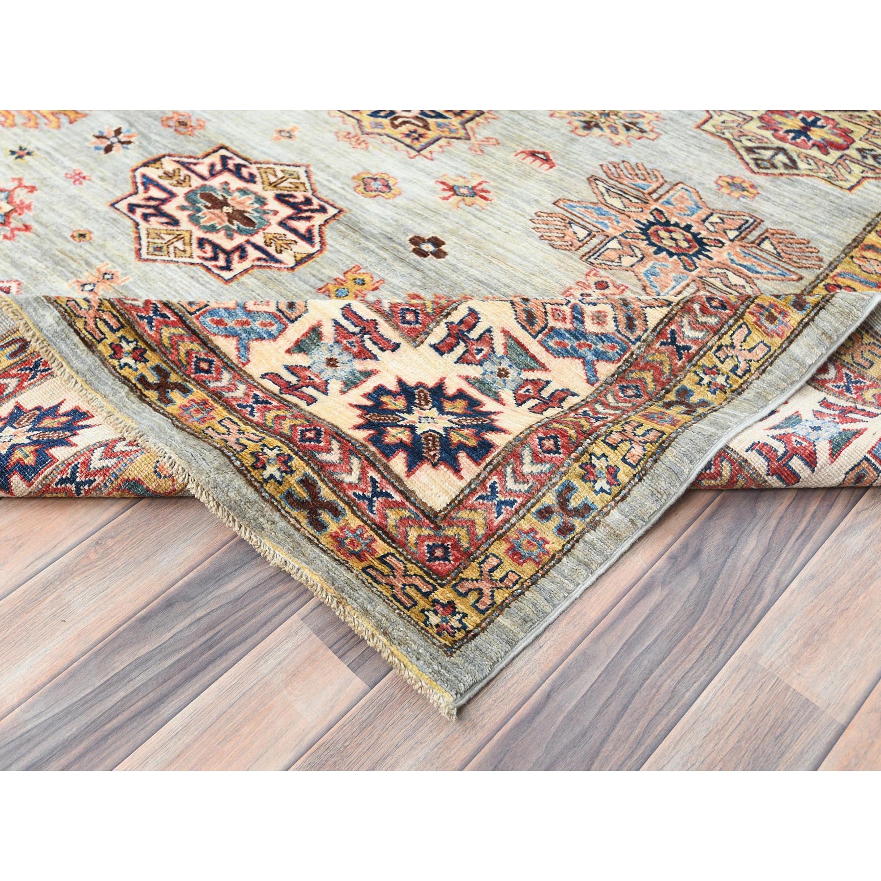 10'x13'6" Light Gray, Afghan Super Kazak with Geometric Medallions, Natural Dyes Densely Woven, Extra Soft Wool Hand Knotted, Oriental Rug Sh82278