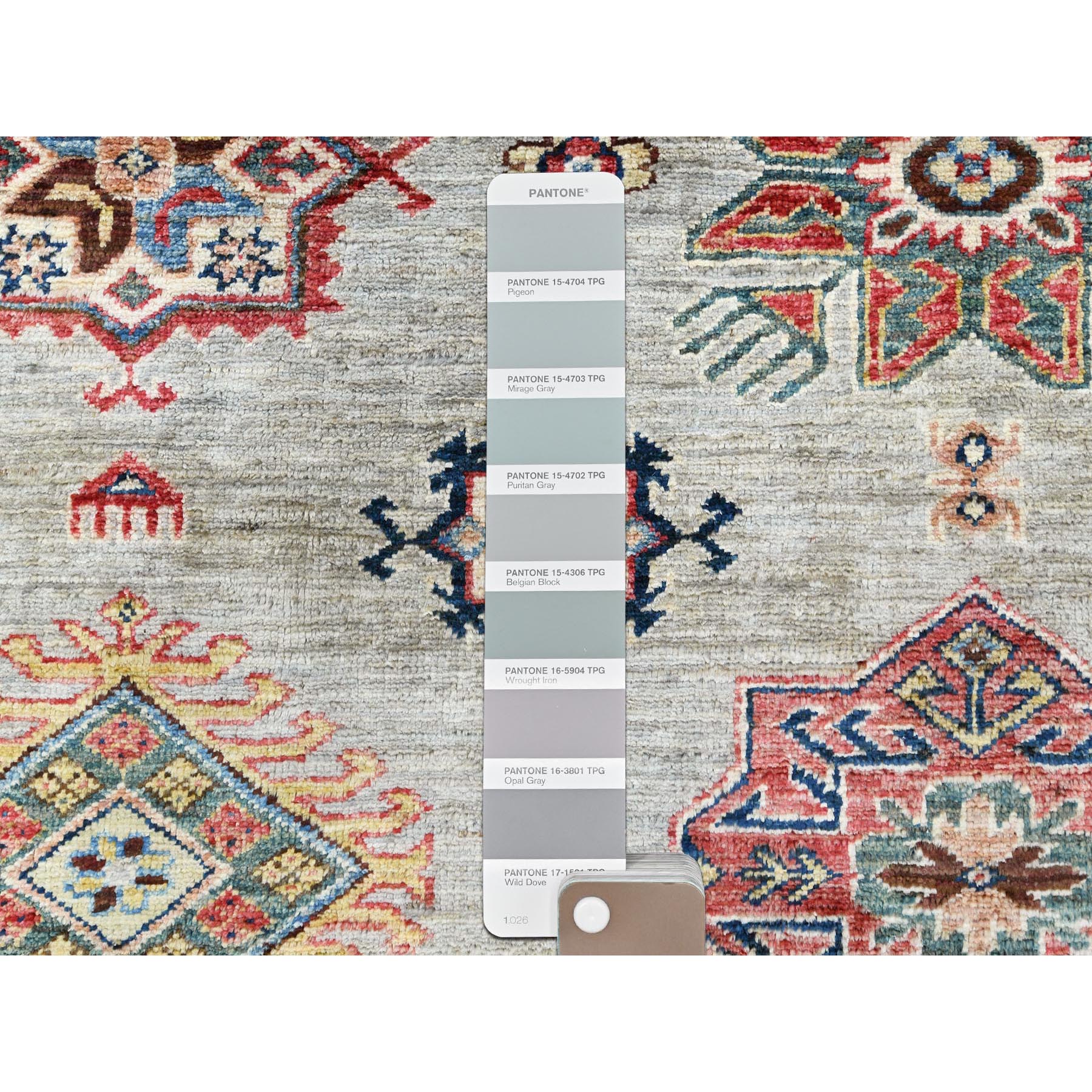 10'x13'6" Light Gray, Afghan Super Kazak with Geometric Medallions, Natural Dyes Densely Woven, Extra Soft Wool Hand Knotted, Oriental Rug Sh82278