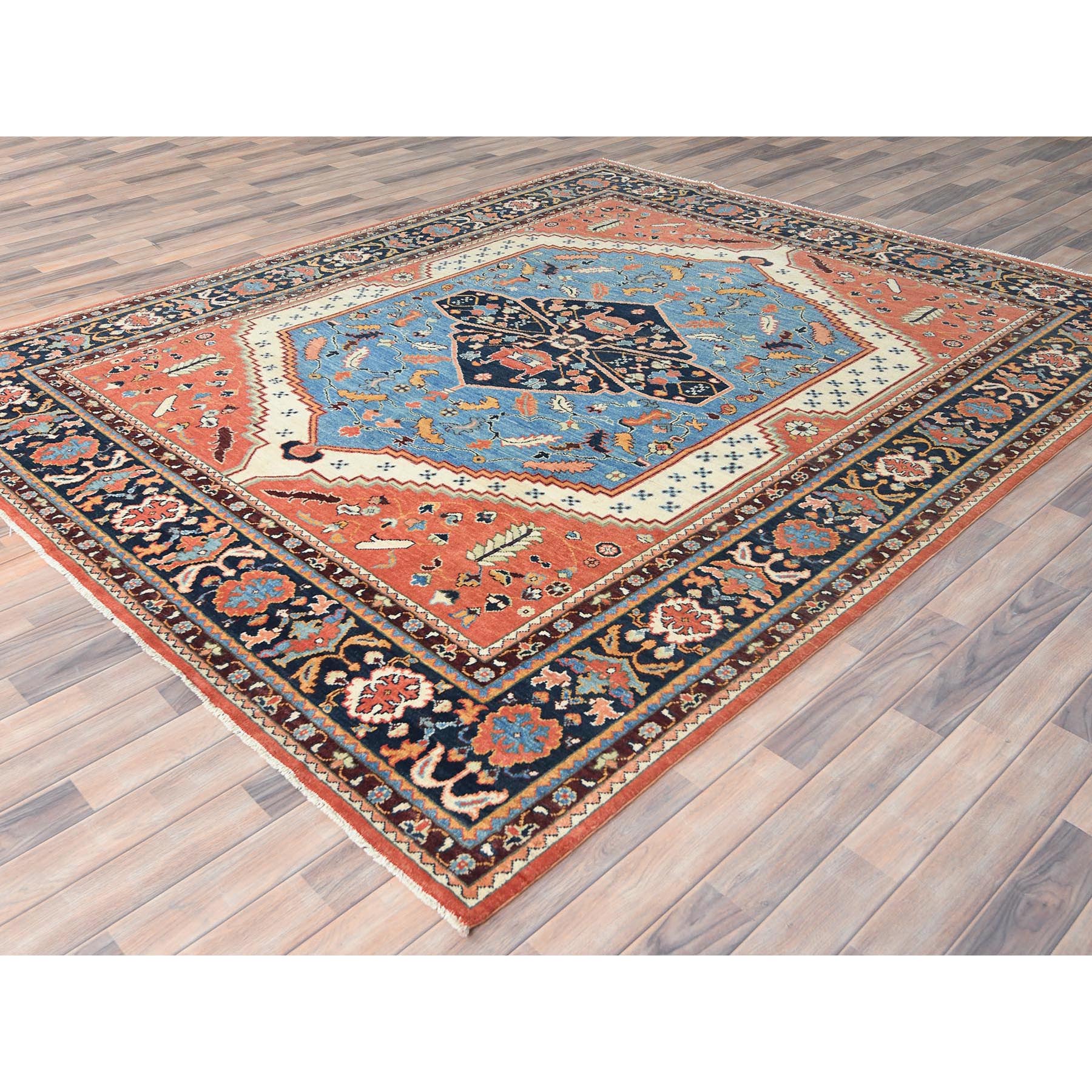8'x9'6" Coral Orange, Afghan Peshawar with Large Medallion Heriz Design Vegetable Dyes, 100% Wool Hand Knotted, Oriental Rug Sh82676