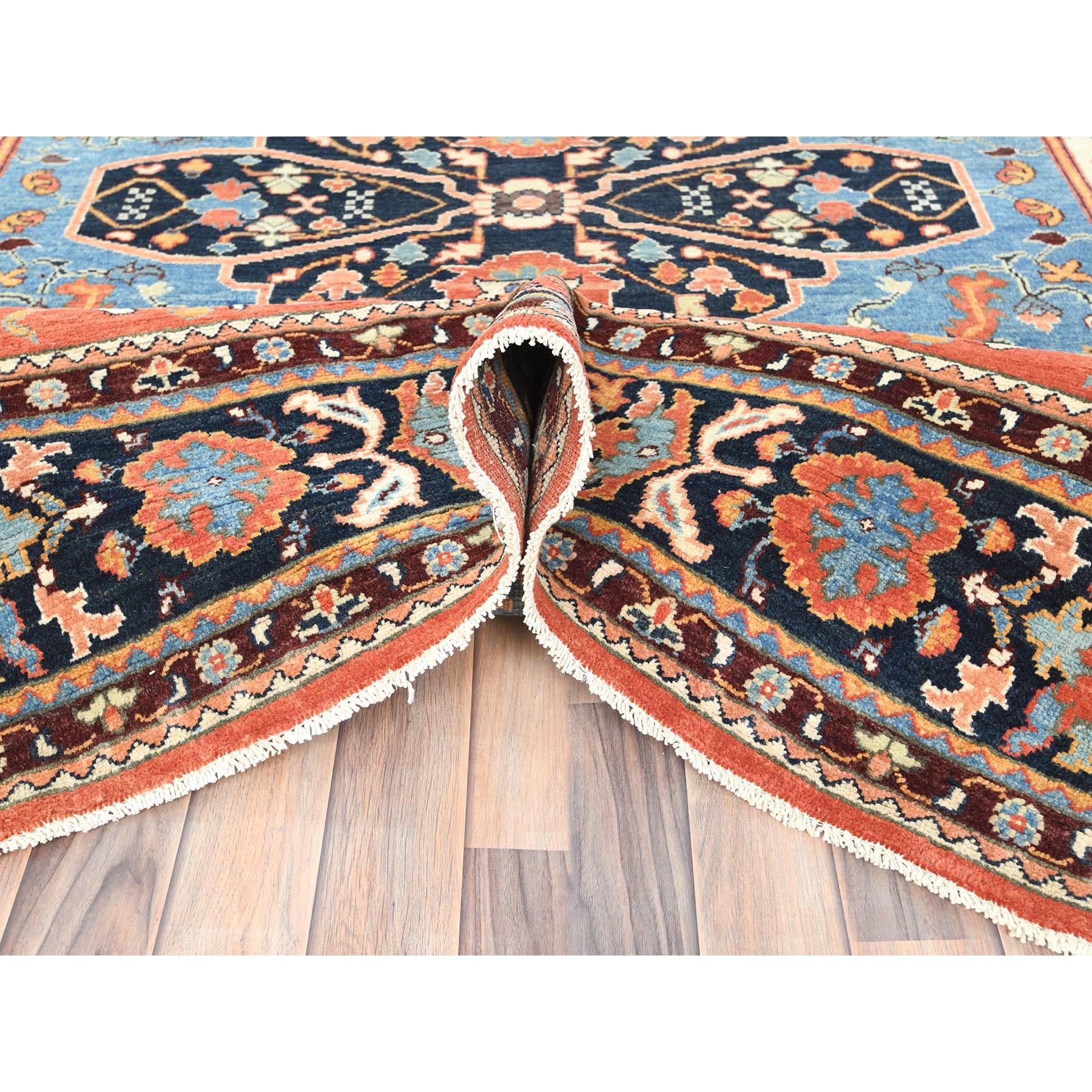 8'x9'6" Coral Orange, Afghan Peshawar with Large Medallion Heriz Design Vegetable Dyes, 100% Wool Hand Knotted, Oriental Rug Sh82676