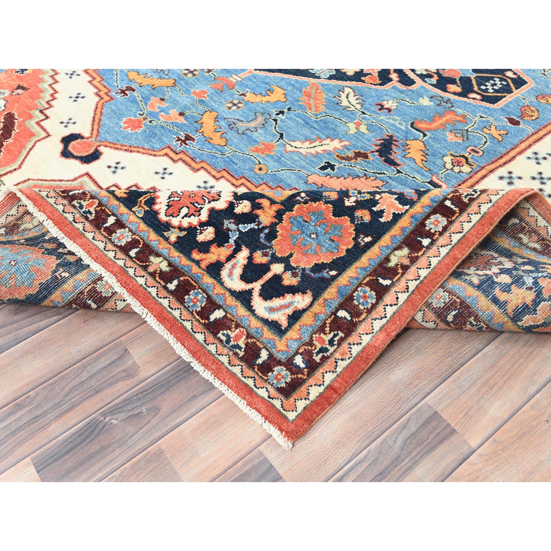 8'x9'6" Coral Orange, Afghan Peshawar with Large Medallion Heriz Design Vegetable Dyes, 100% Wool Hand Knotted, Oriental Rug Sh82676