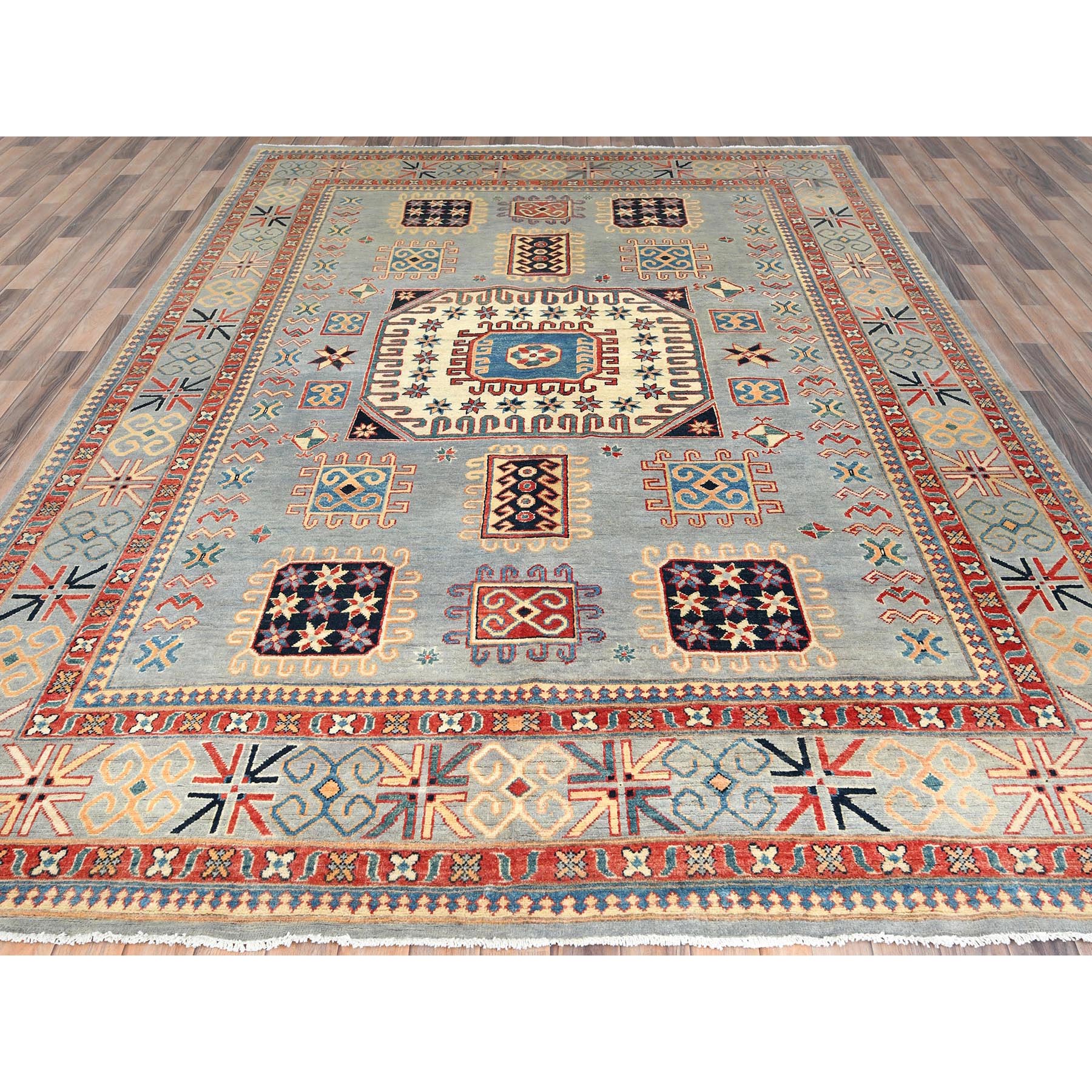 7'9"x10'8" Ash Gray, Special Kazak with All Over Medallions Natural Dyes, 100% Wool Hand Knotted, Oriental Rug Sh82706