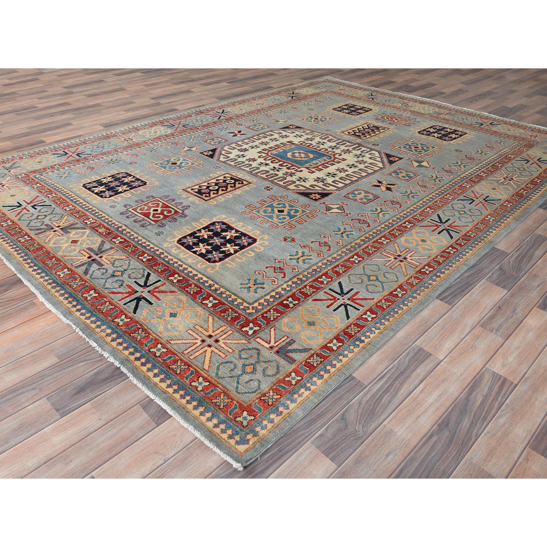 7'9"x10'8" Ash Gray, Special Kazak with All Over Medallions Natural Dyes, 100% Wool Hand Knotted, Oriental Rug Sh82706