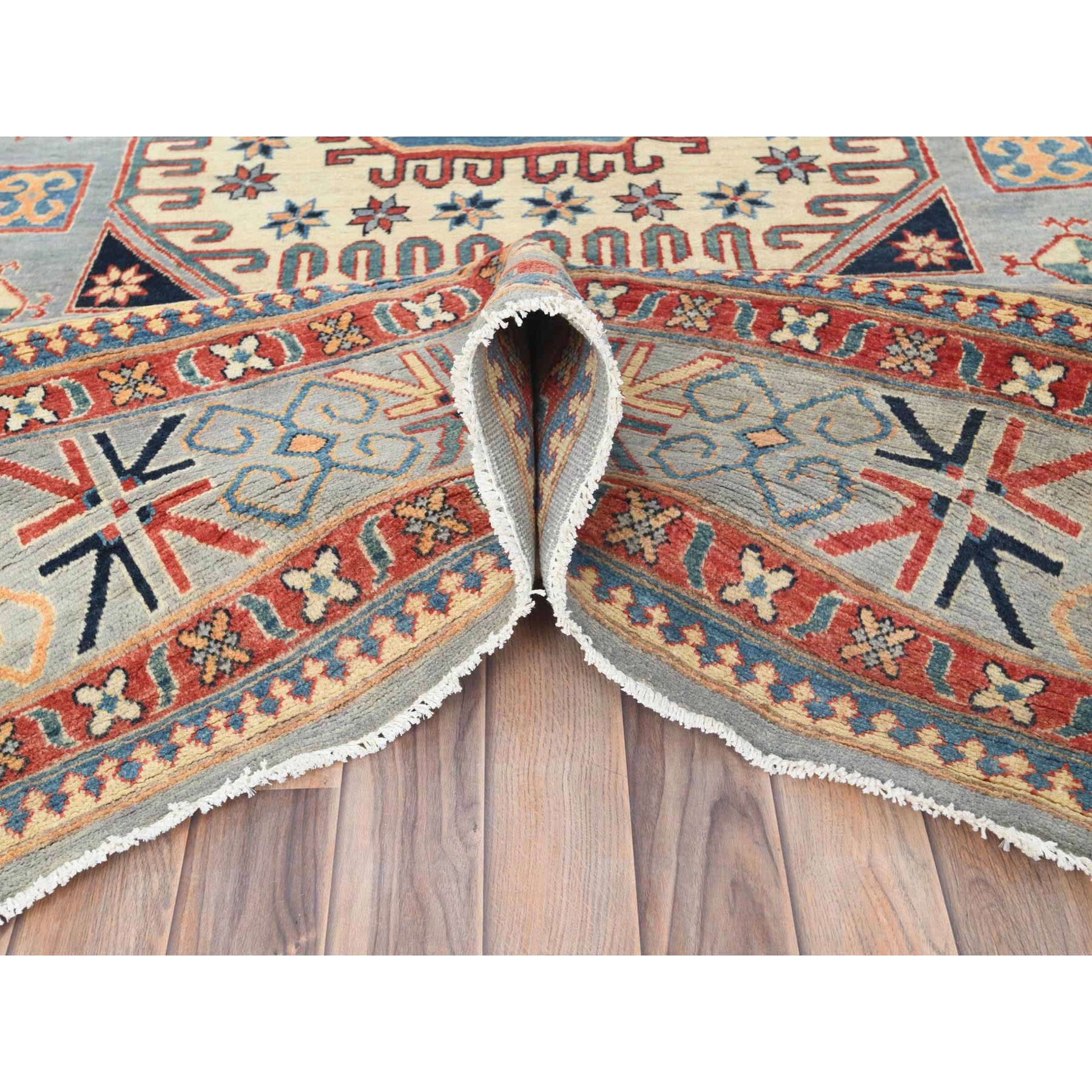 7'9"x10'8" Ash Gray, Special Kazak with All Over Medallions Natural Dyes, 100% Wool Hand Knotted, Oriental Rug Sh82706