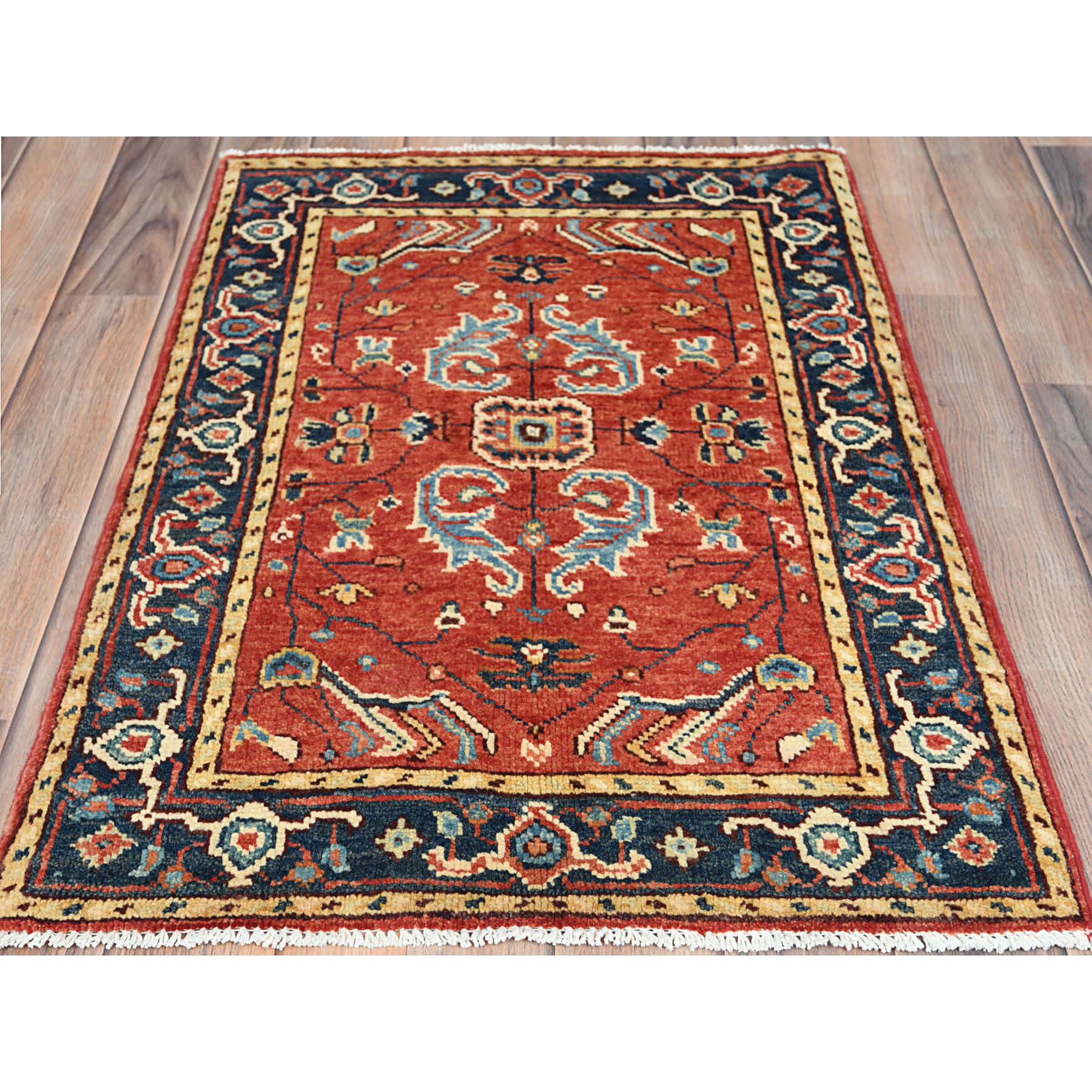 2'1"x2'10" Imperial Red, Natural Wool Hand Knotted, Afghan Peshawar with All Over Heriz Design Vegetable Dyes, Mat Oriental Rug Sh82857