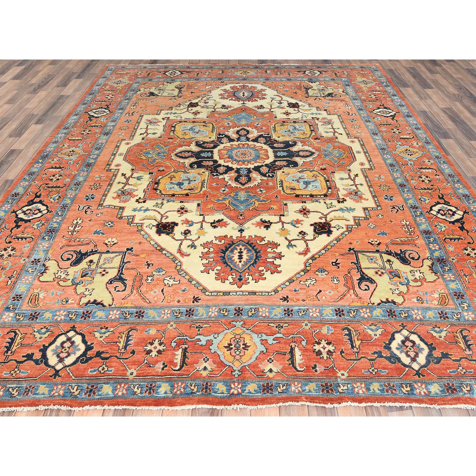8'9"x11'8" Pastel Orange, Afghan Peshawar with Serapi Heriz Medallion Design Vegetable Dyes, Natural Wool Hand Knotted, Oriental Rug Sh82876