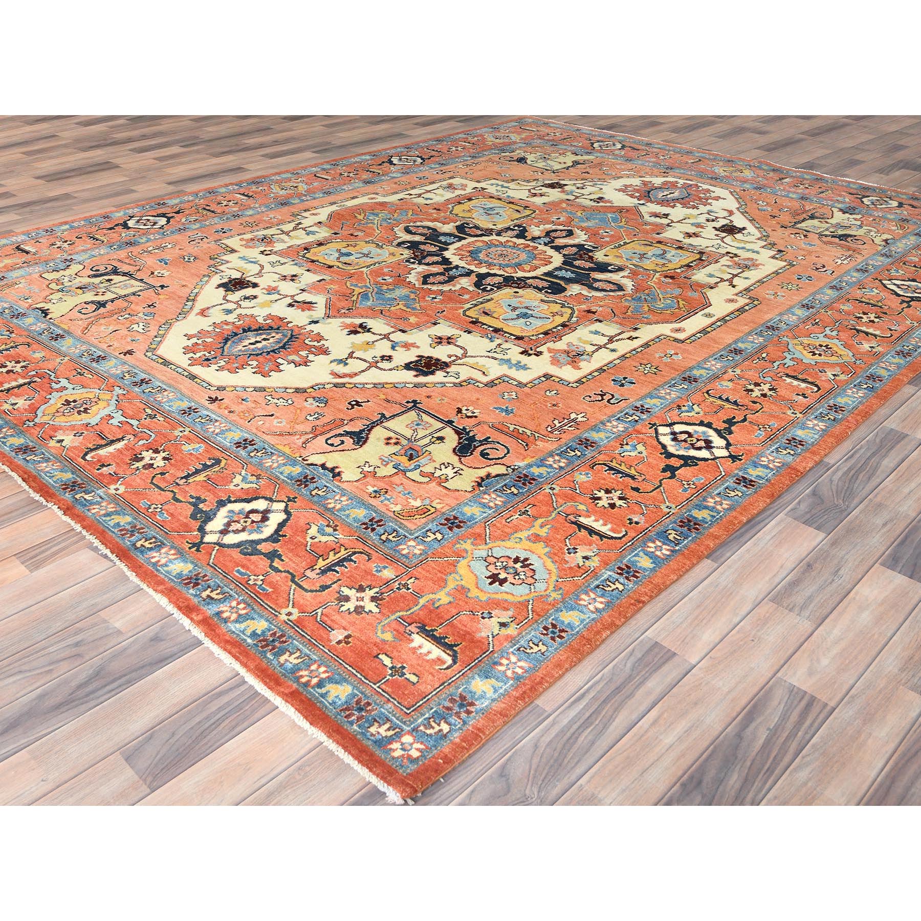8'9"x11'8" Pastel Orange, Afghan Peshawar with Serapi Heriz Medallion Design Vegetable Dyes, Natural Wool Hand Knotted, Oriental Rug Sh82876
