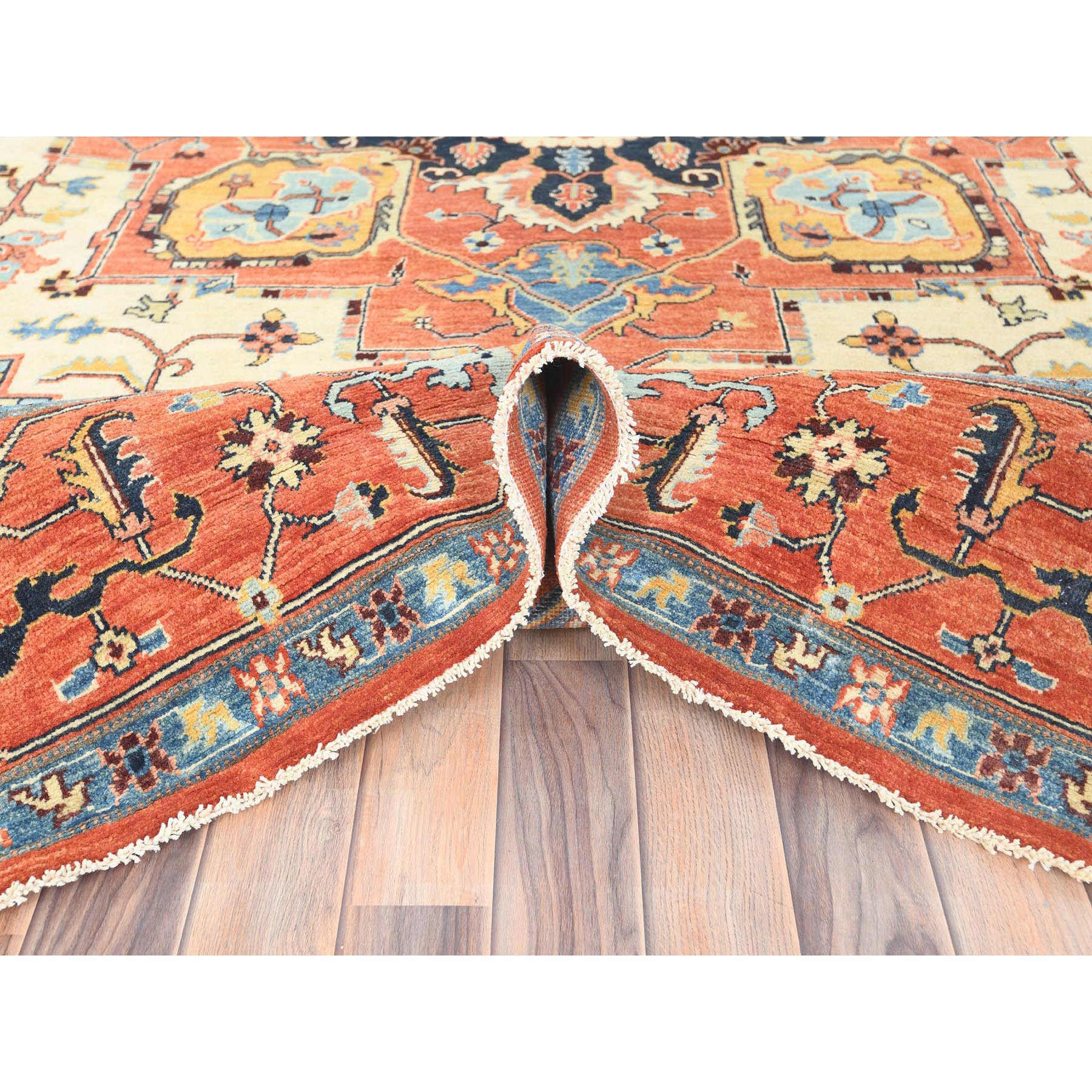8'9"x11'8" Pastel Orange, Afghan Peshawar with Serapi Heriz Medallion Design Vegetable Dyes, Natural Wool Hand Knotted, Oriental Rug Sh82876