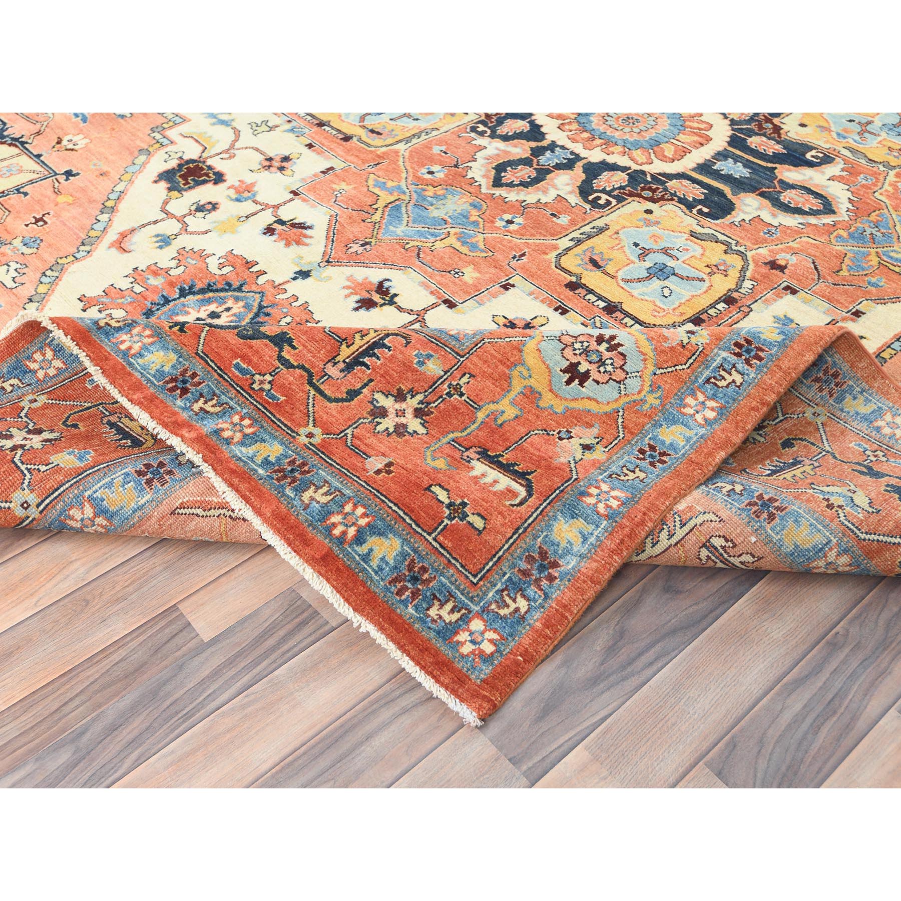 8'9"x11'8" Pastel Orange, Afghan Peshawar with Serapi Heriz Medallion Design Vegetable Dyes, Natural Wool Hand Knotted, Oriental Rug Sh82876