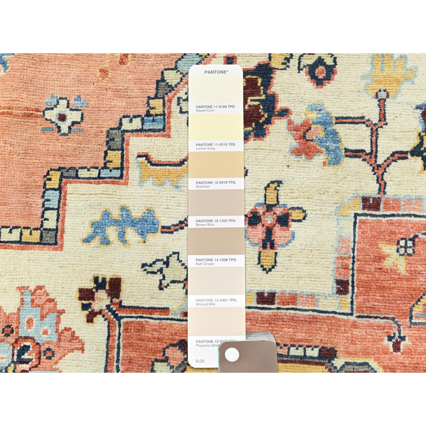 8'9"x11'8" Pastel Orange, Afghan Peshawar with Serapi Heriz Medallion Design Vegetable Dyes, Natural Wool Hand Knotted, Oriental Rug Sh82876