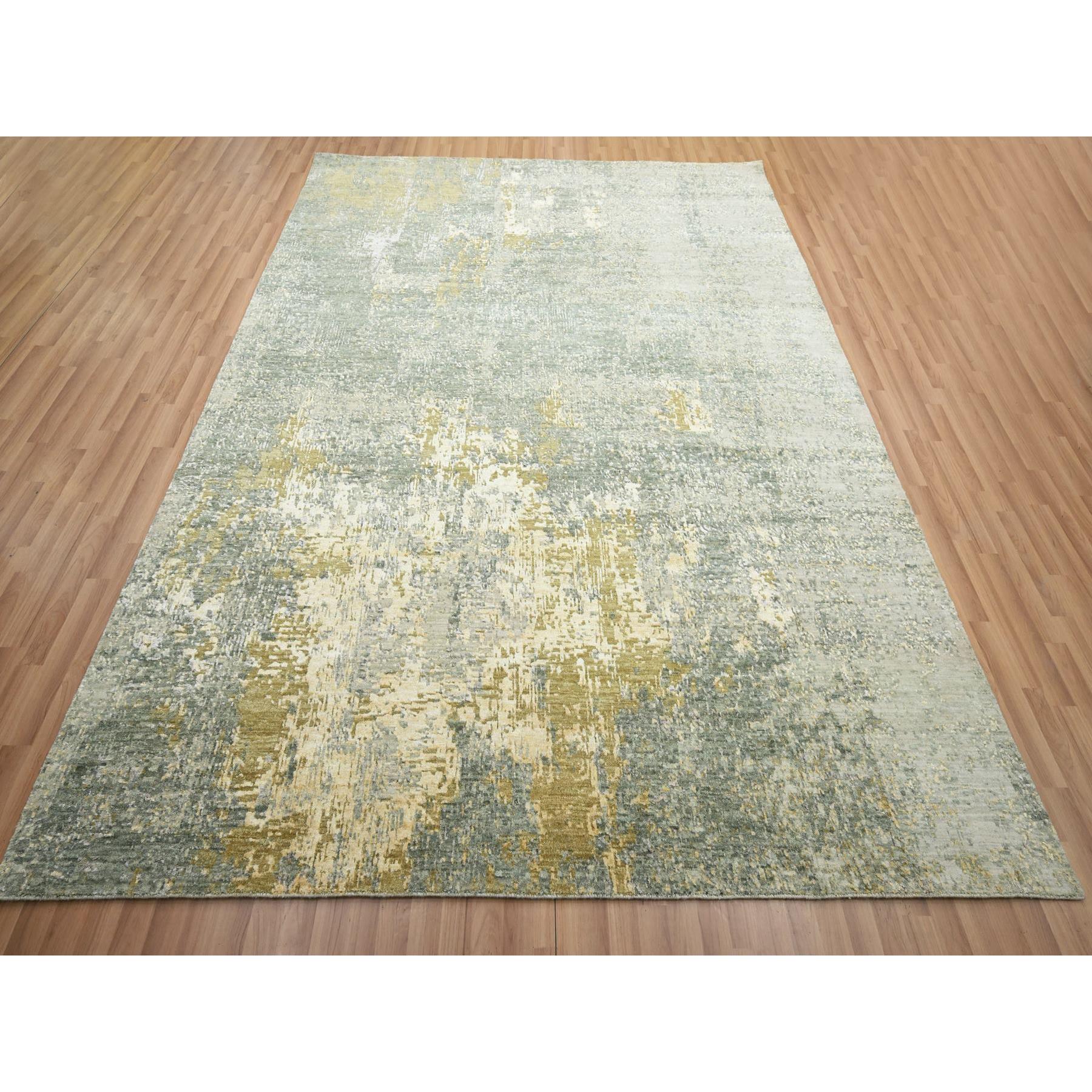 8'x10'1" Sage Green with Yellow, Abstract with Galaxy Design, Persian Knot, 100% Wool, Hand Knotted, Densely Woven, Oriental Rug Sh83127