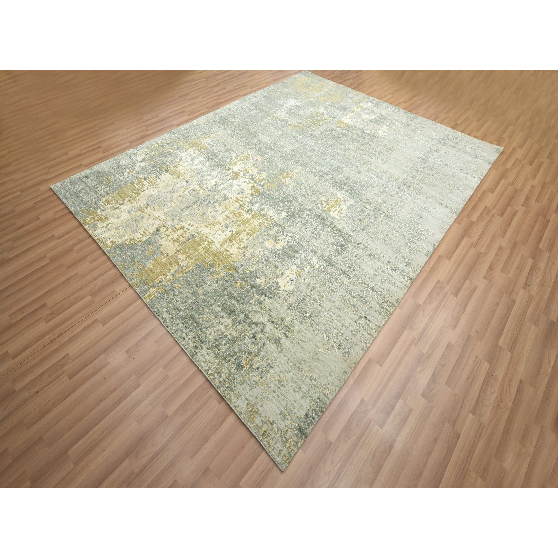 8'x10'1" Sage Green with Yellow, Abstract with Galaxy Design, Persian Knot, 100% Wool, Hand Knotted, Densely Woven, Oriental Rug Sh83127