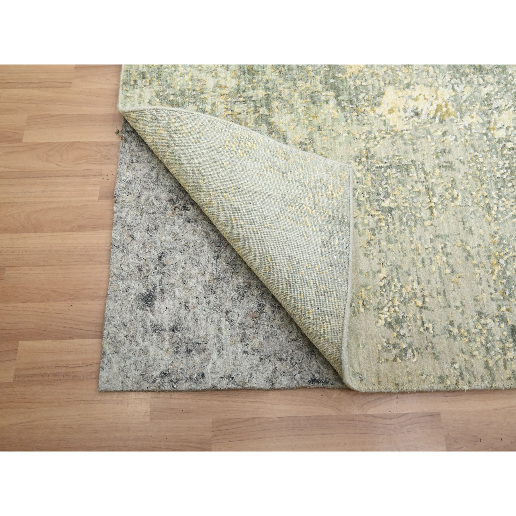 8'x10'1" Sage Green with Yellow, Abstract with Galaxy Design, Persian Knot, 100% Wool, Hand Knotted, Densely Woven, Oriental Rug Sh83127