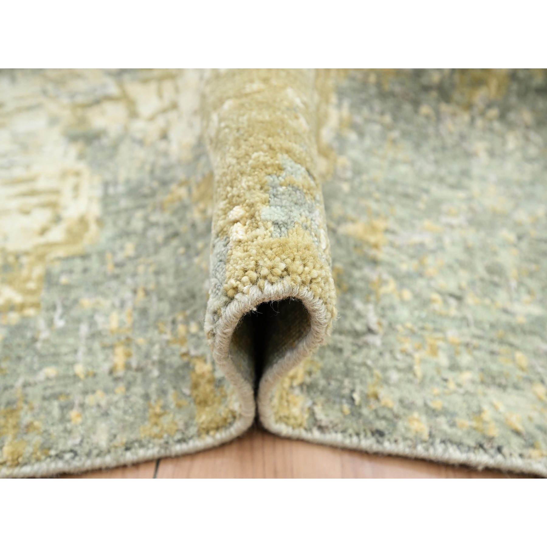 8'x10'1" Sage Green with Yellow, Abstract with Galaxy Design, Persian Knot, 100% Wool, Hand Knotted, Densely Woven, Oriental Rug Sh83127