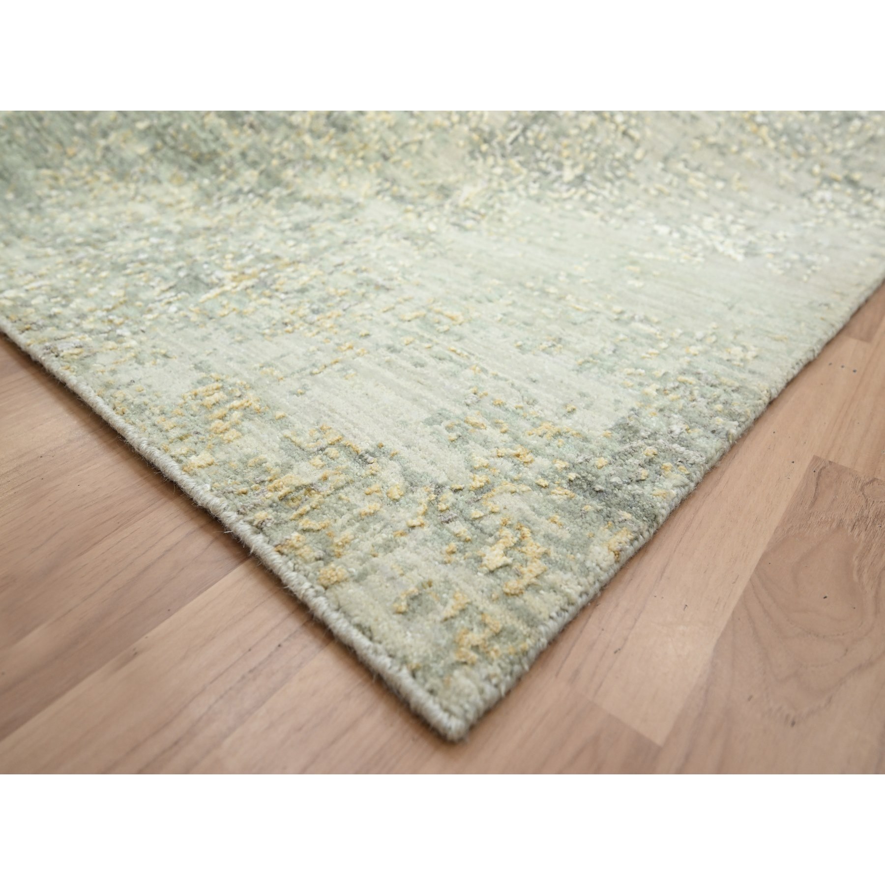 8'x10'1" Sage Green with Yellow, Abstract with Galaxy Design, Persian Knot, 100% Wool, Hand Knotted, Densely Woven, Oriental Rug Sh83127