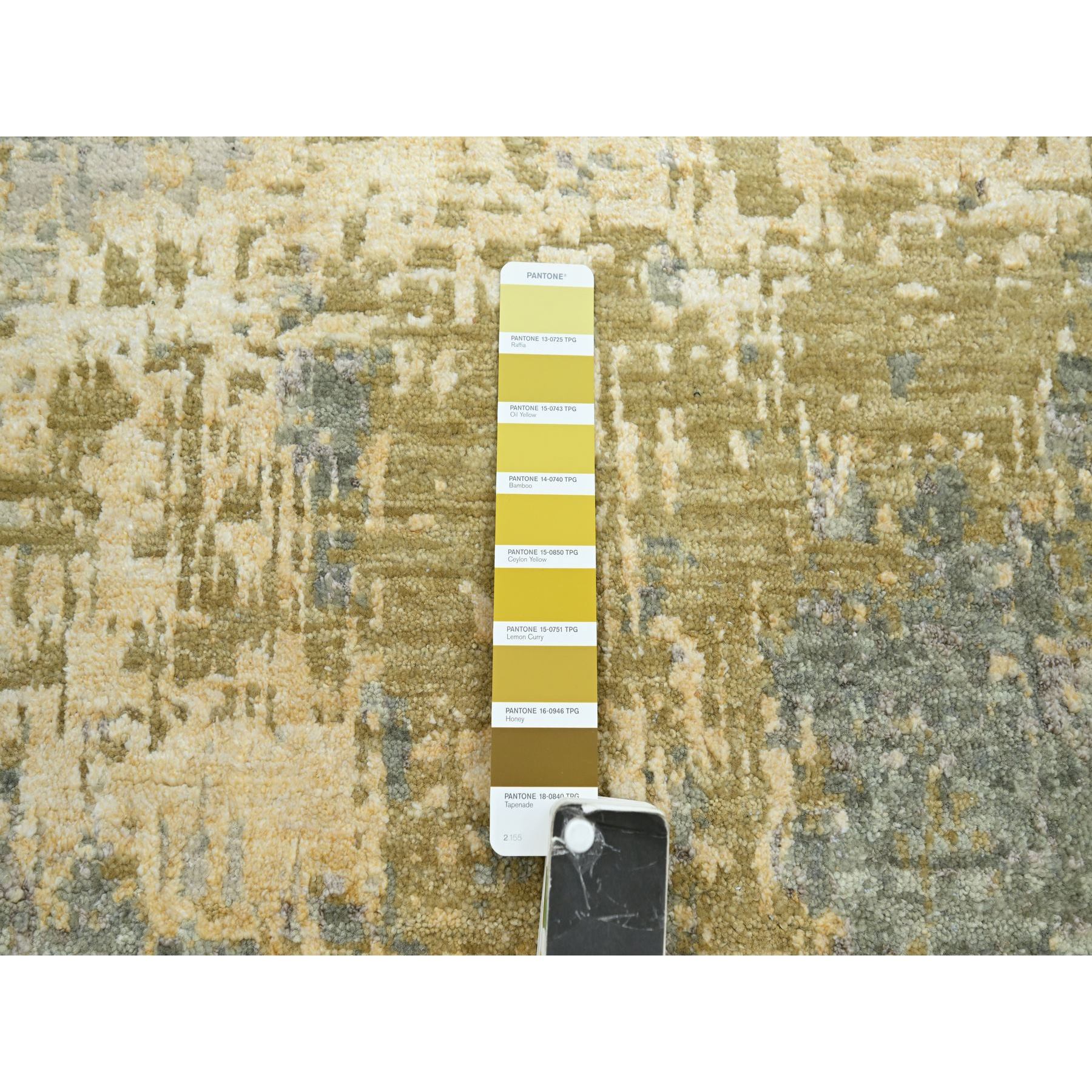 8'x10'1" Sage Green with Yellow, Abstract with Galaxy Design, Persian Knot, 100% Wool, Hand Knotted, Densely Woven, Oriental Rug Sh83127
