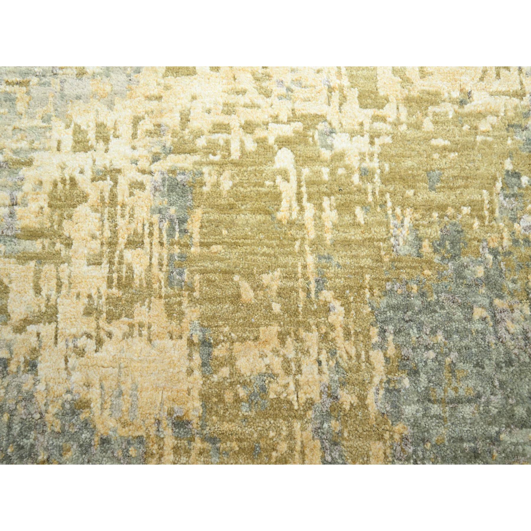 8'x10'1" Sage Green with Yellow, Abstract with Galaxy Design, Persian Knot, 100% Wool, Hand Knotted, Densely Woven, Oriental Rug Sh83127