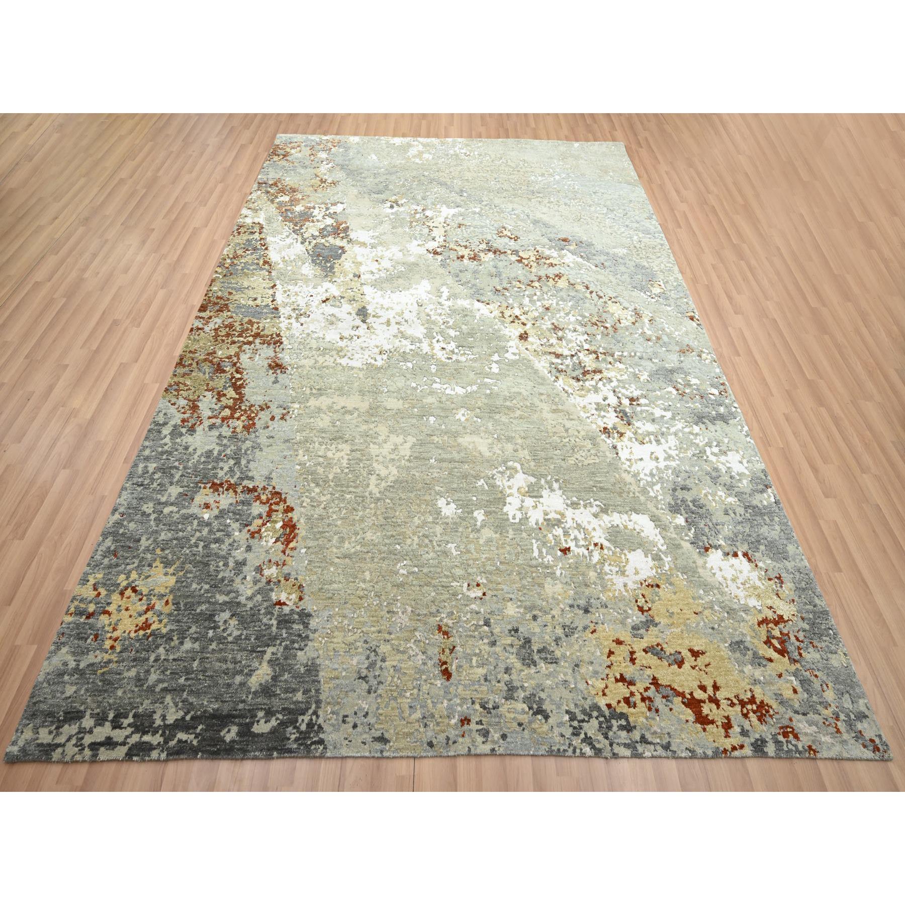 7'10"x10'1" Shades of Gray, Persian Knot, Abstract with Galaxy Design, Pure Wool, Hand Knotted, Densely Woven, Oriental Rug Sh83128