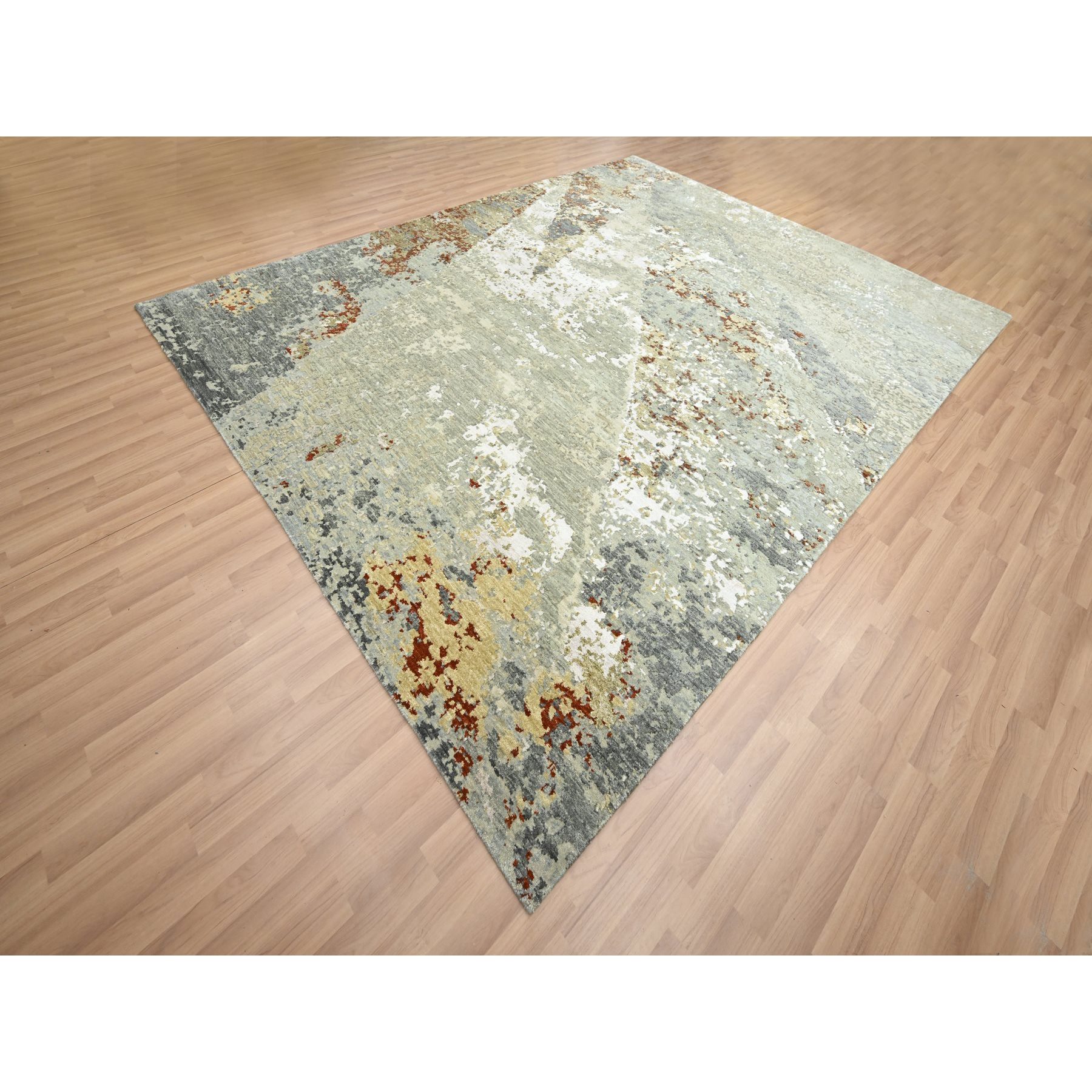 7'10"x10'1" Shades of Gray, Persian Knot, Abstract with Galaxy Design, Pure Wool, Hand Knotted, Densely Woven, Oriental Rug Sh83128