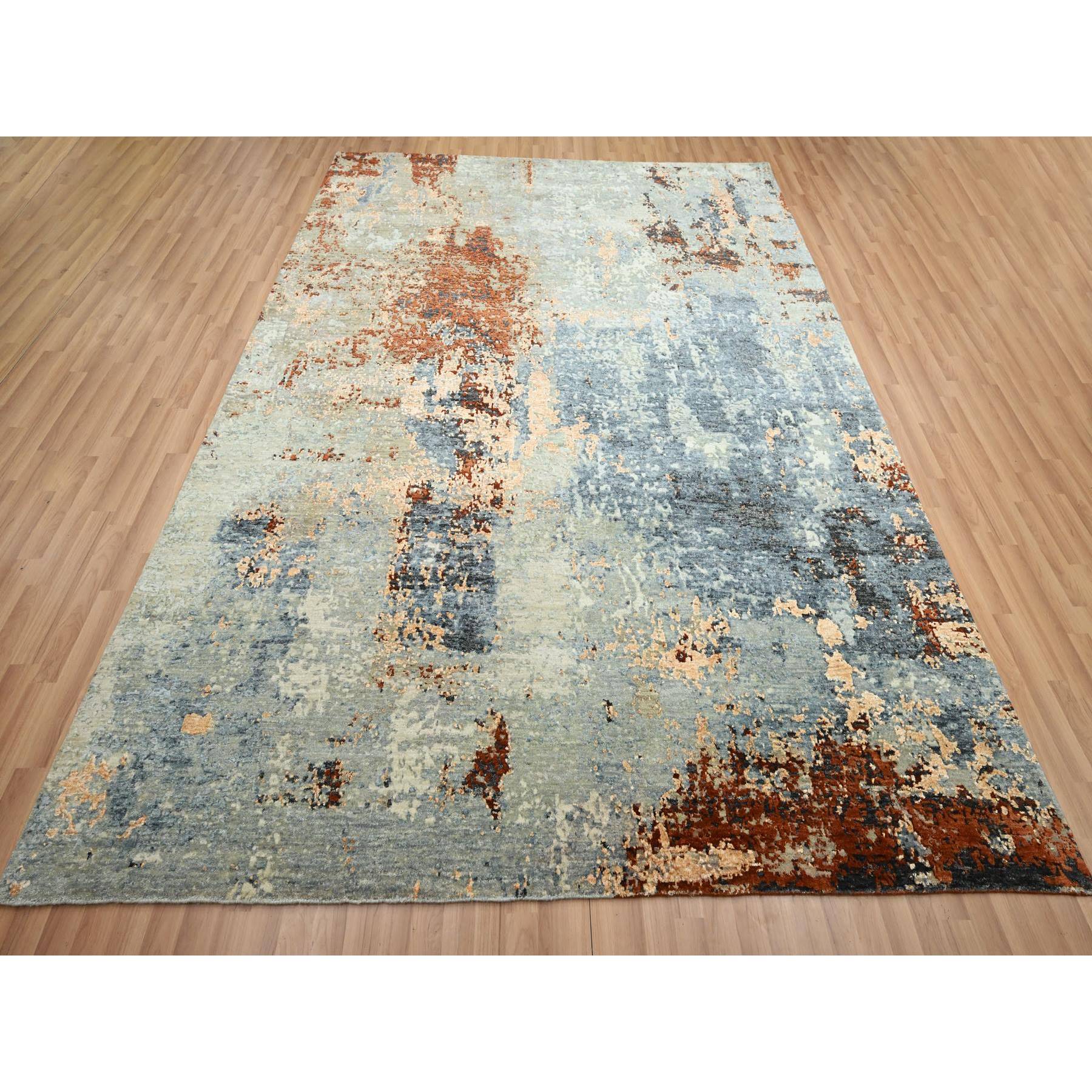 7'10"x10'2" Aegean Blue with Rust Red, Hand Knotted, Abstract with Galaxy Design, Persian Knot, 100% Wool, Densely Woven, Oriental Rug Sh83129