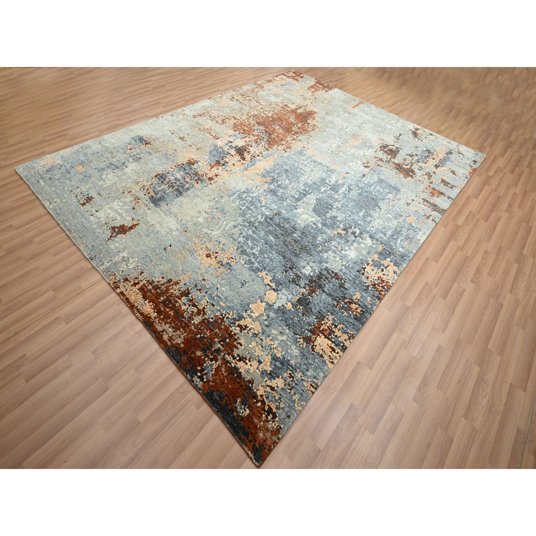 7'10"x10'2" Aegean Blue with Rust Red, Hand Knotted, Abstract with Galaxy Design, Persian Knot, 100% Wool, Densely Woven, Oriental Rug Sh83129
