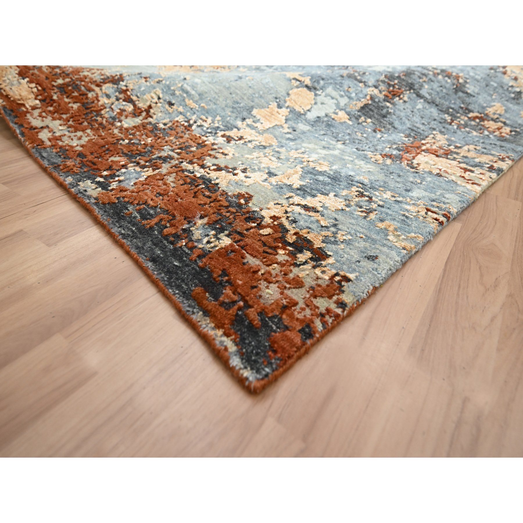 7'10"x10'2" Aegean Blue with Rust Red, Hand Knotted, Abstract with Galaxy Design, Persian Knot, 100% Wool, Densely Woven, Oriental Rug Sh83129