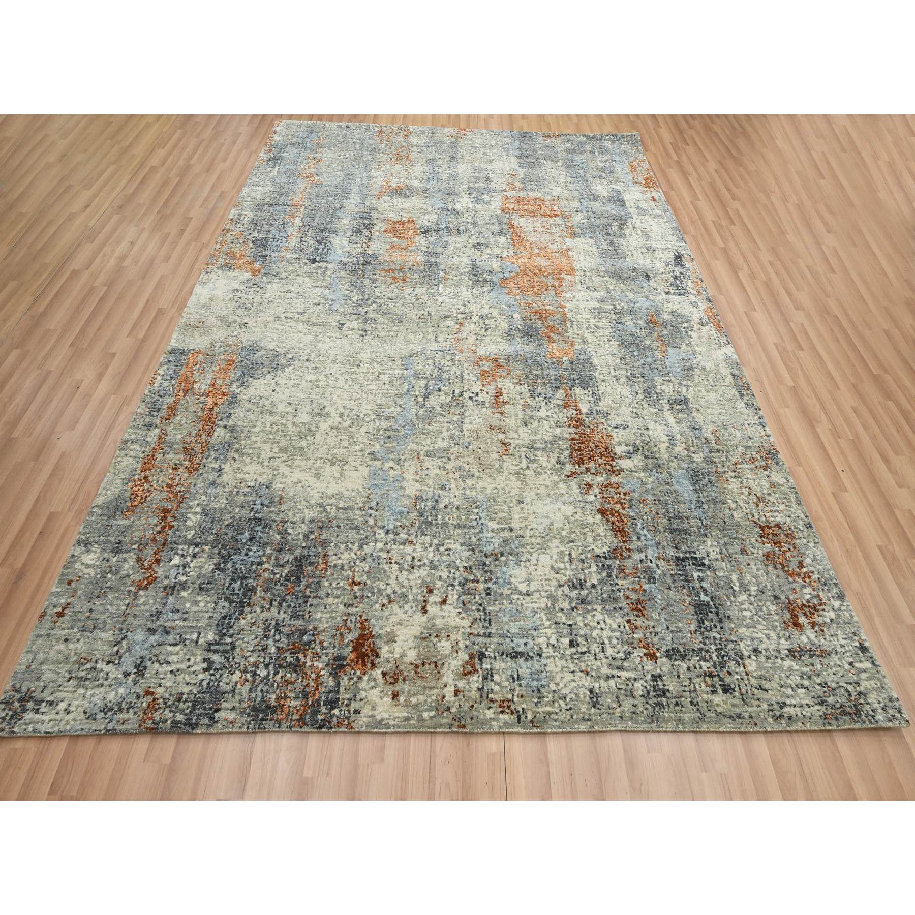 8'x10'2" Artichoke Green, Abstract with Galaxy Design, Persian Knot, Pure Wool, Hand Knotted, Densely Woven, Oriental Rug Sh83130