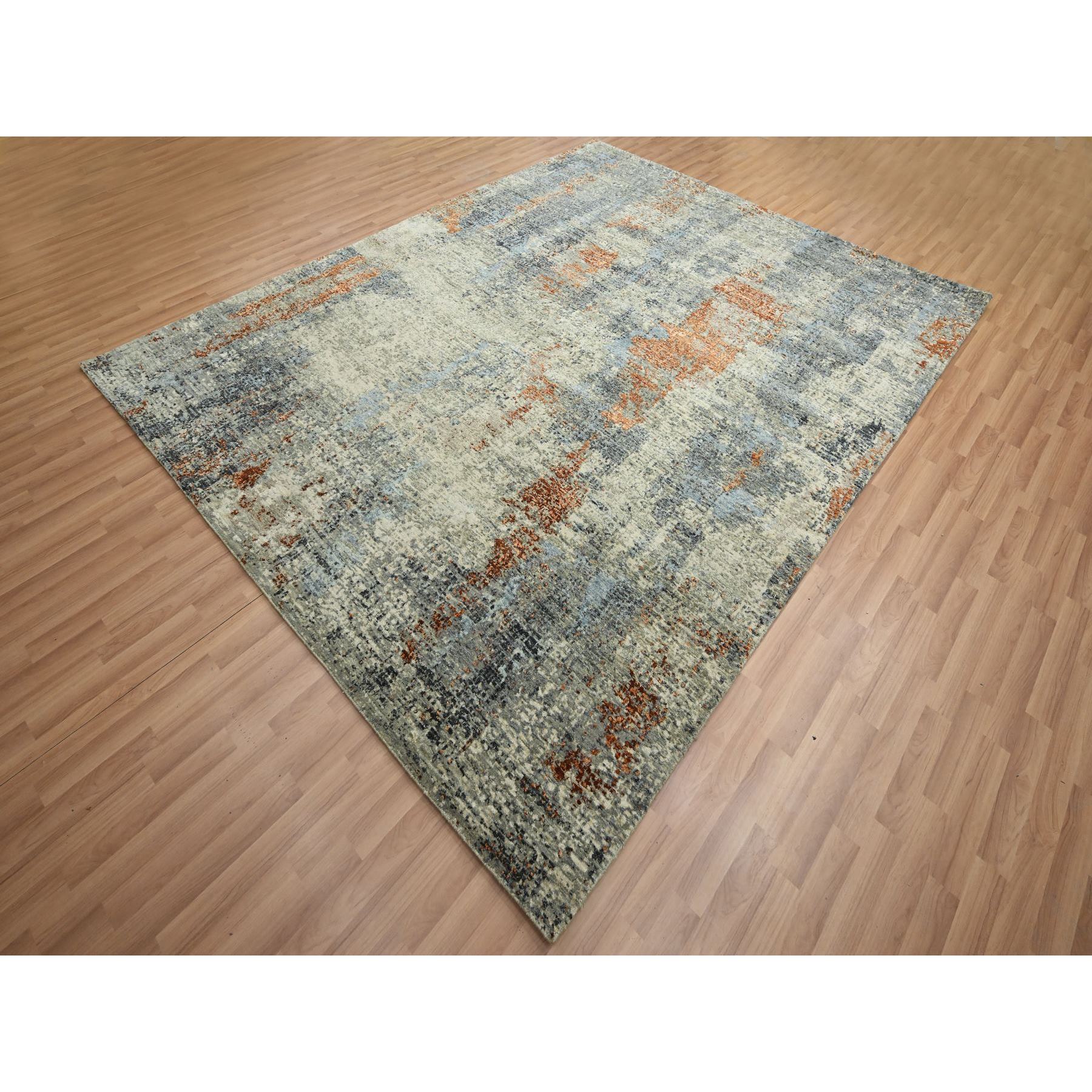 8'x10'2" Artichoke Green, Abstract with Galaxy Design, Persian Knot, Pure Wool, Hand Knotted, Densely Woven, Oriental Rug Sh83130