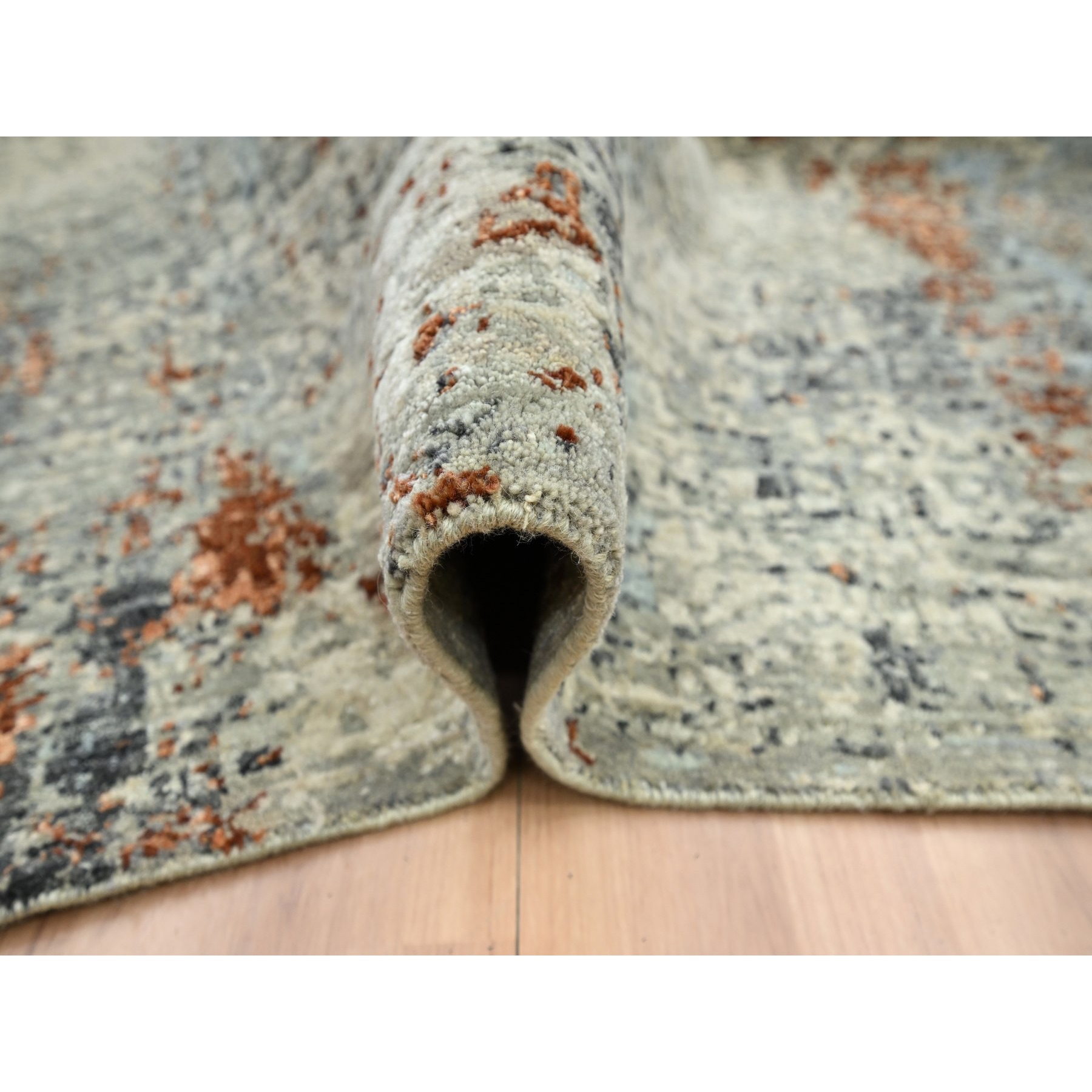 8'x10'2" Artichoke Green, Abstract with Galaxy Design, Persian Knot, Pure Wool, Hand Knotted, Densely Woven, Oriental Rug Sh83130