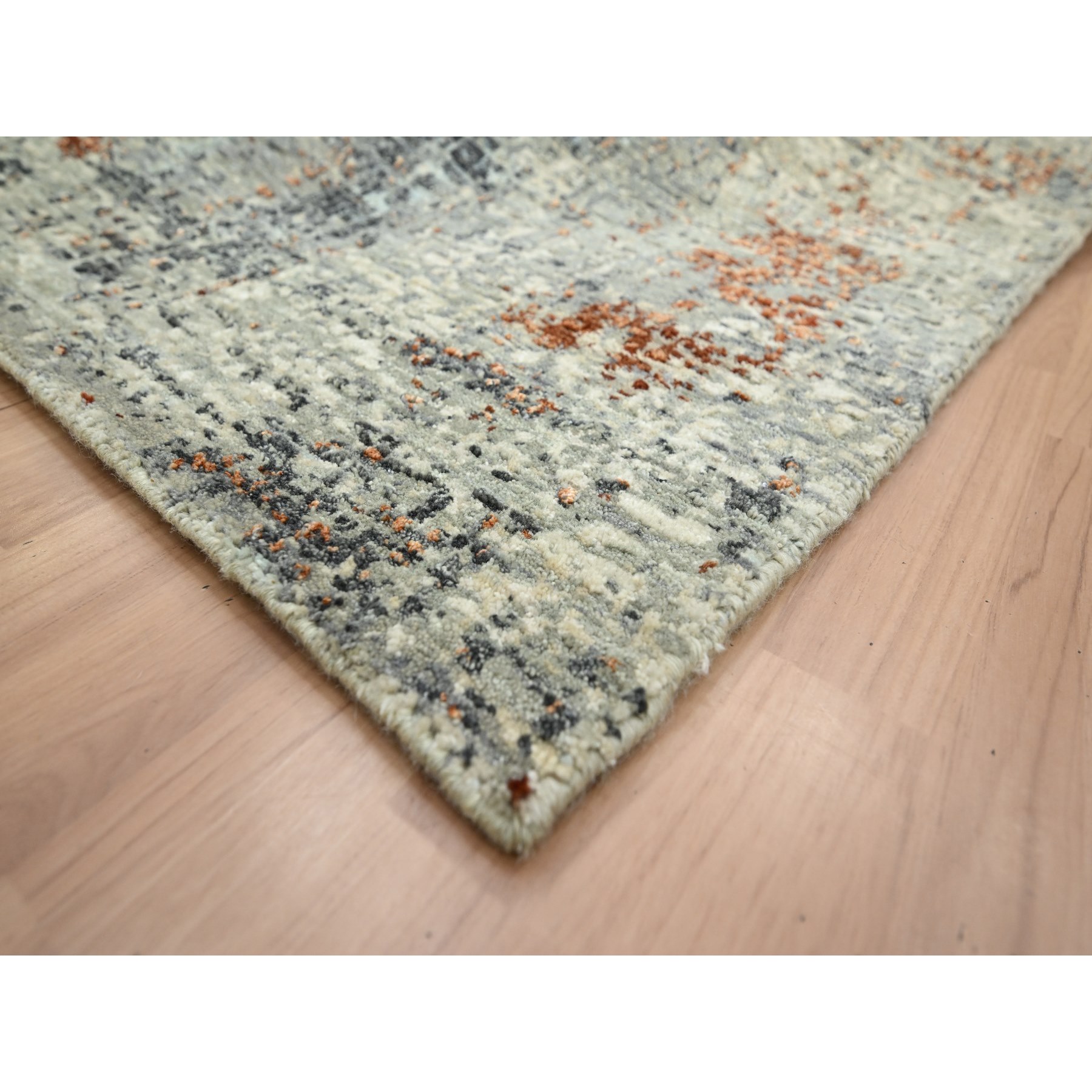 8'x10'2" Artichoke Green, Abstract with Galaxy Design, Persian Knot, Pure Wool, Hand Knotted, Densely Woven, Oriental Rug Sh83130