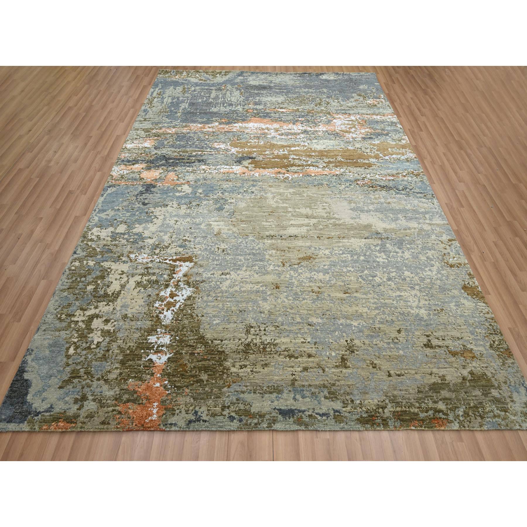 8'1"x10'5" Laurel Green with Aegean Blue, Persian Knot, Abstract with Galaxy Design, Densely Woven, Pure Wool, Hand Knotted, Oriental Rug Sh83132
