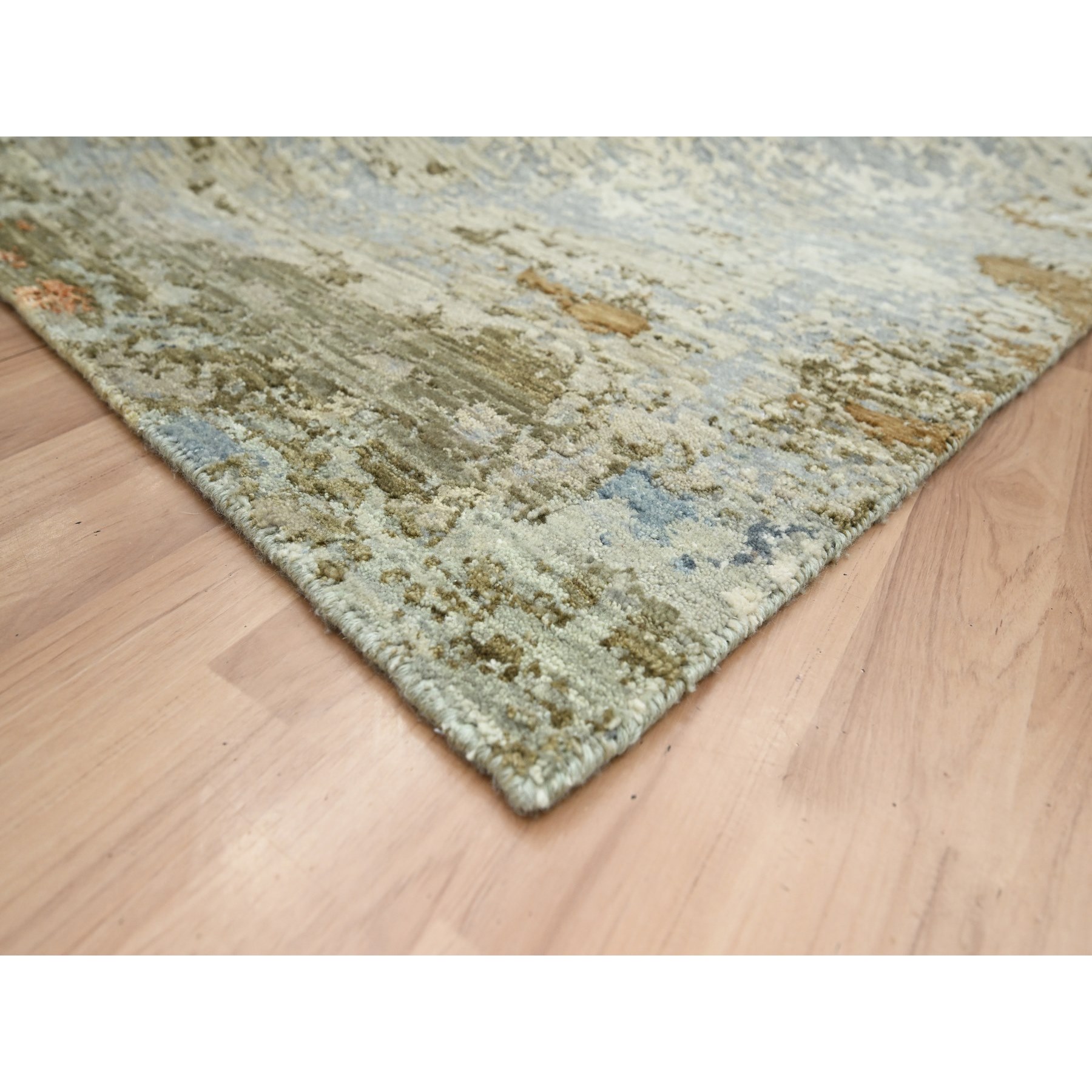 8'1"x10'5" Laurel Green with Aegean Blue, Persian Knot, Abstract with Galaxy Design, Densely Woven, Pure Wool, Hand Knotted, Oriental Rug Sh83132